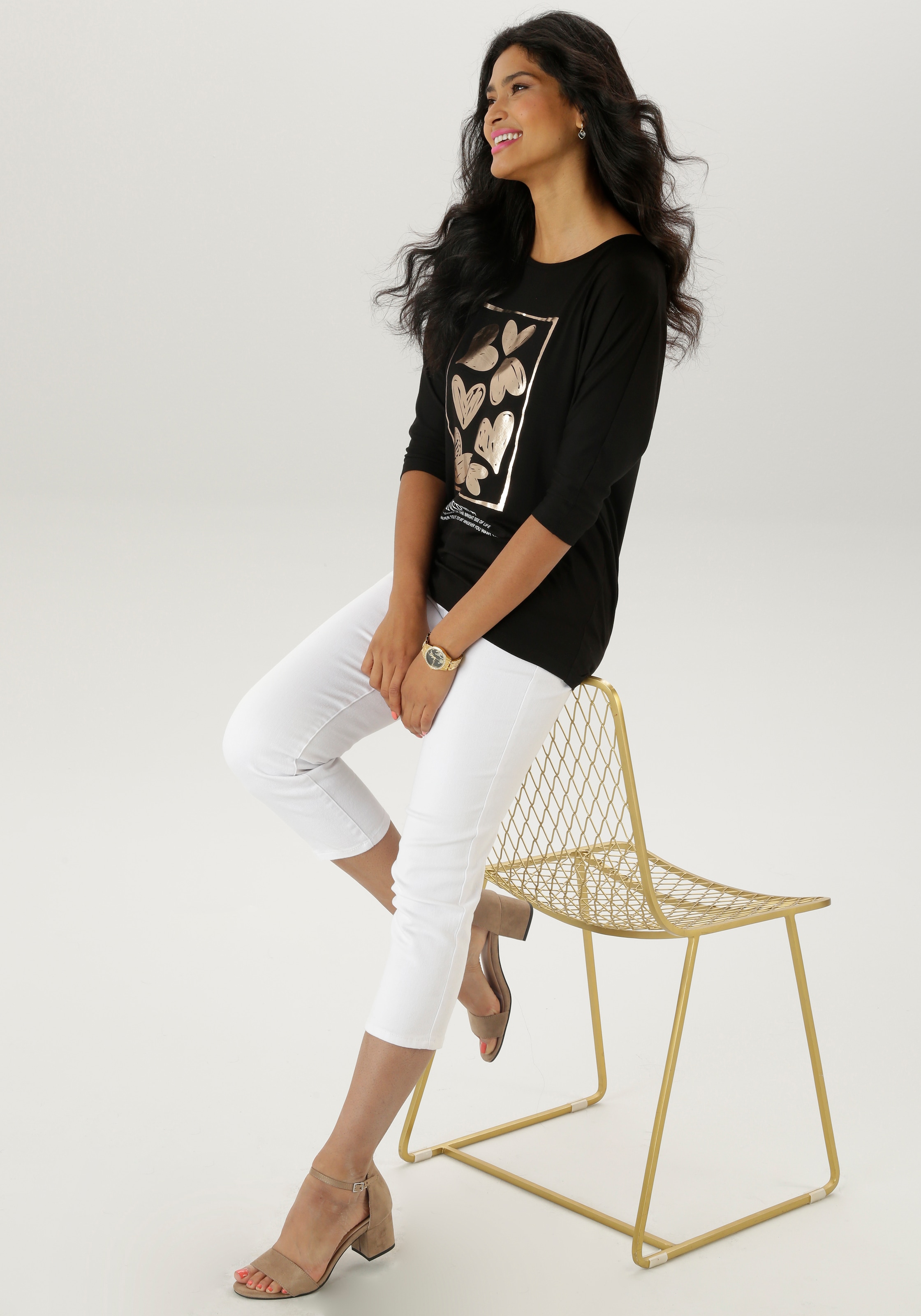 Aniston SELECTED 3/4-Arm-Shirt, mit goldfarbigen Herzen und Statementspruch