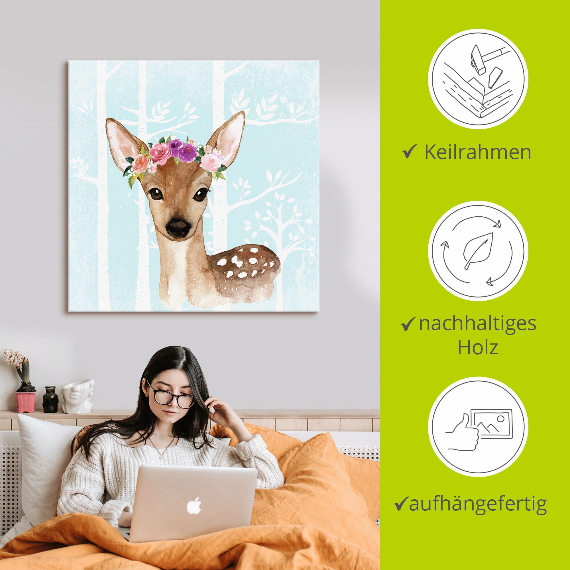Artland Leinwandbild »Wild Reh mit Blumen im blauen Wald«, Tiere, (1 St.), auf Keilrahmen gespannt