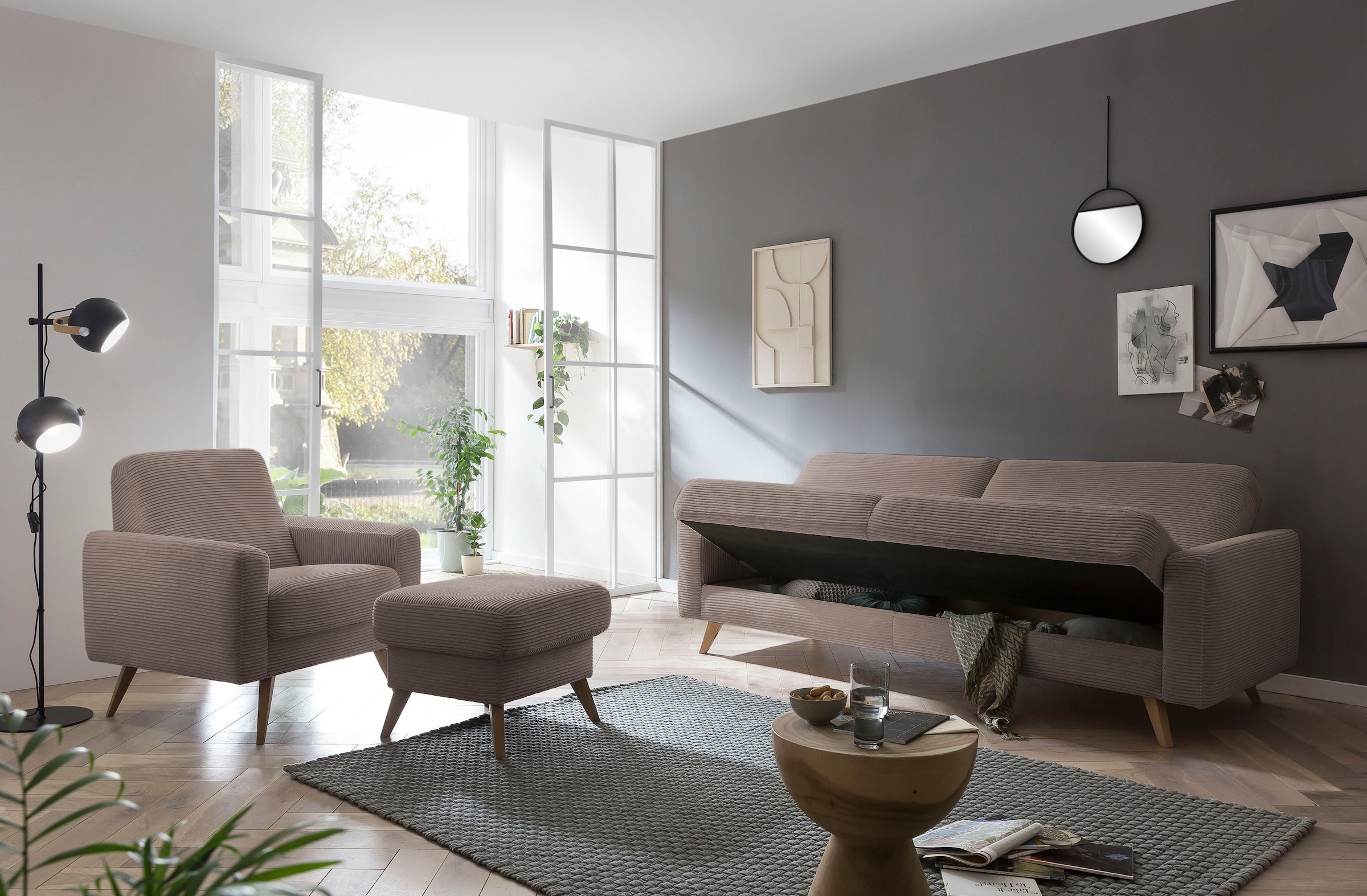 exxpo - sofa fashion 3-Sitzer »Samso, elegant und bequem, aktuellem Cord Bezug in schönen Farben,«, hochwertige Verarbeitung, Schlafsofa inkl. Bettfunktion und Bettkasten