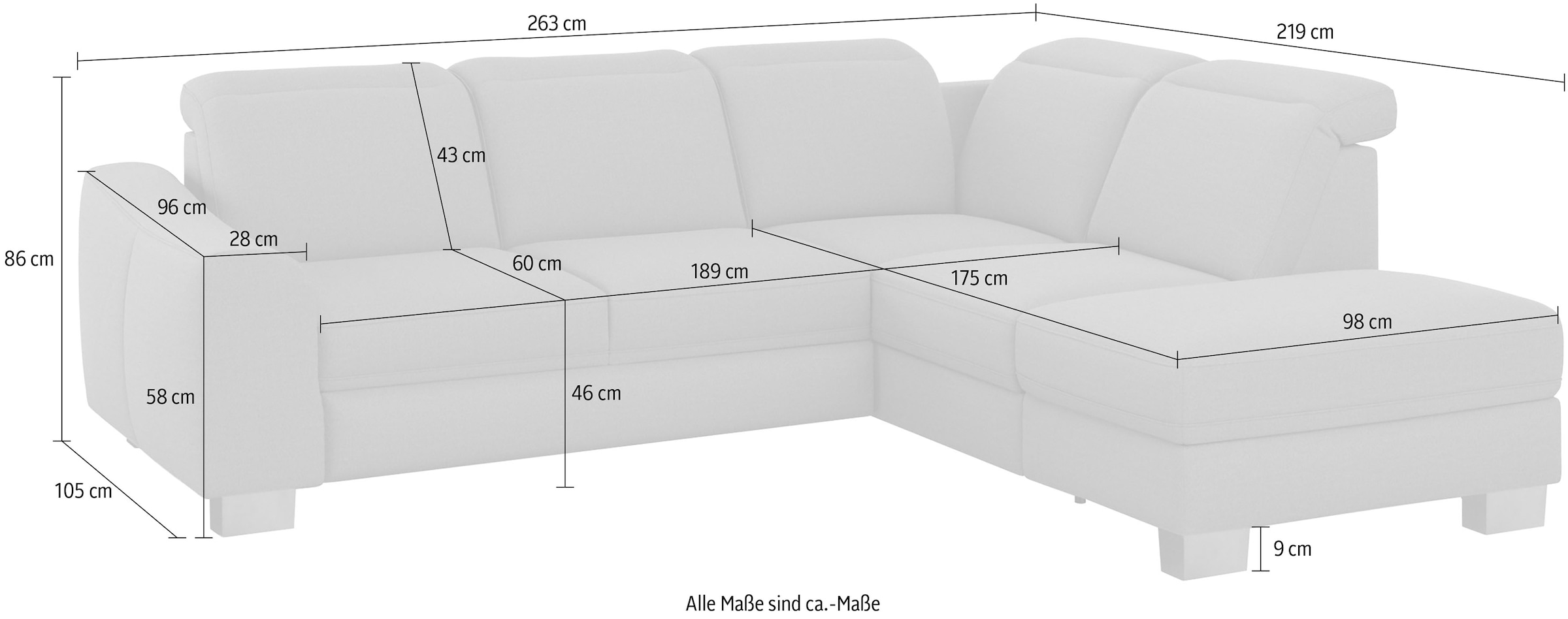sit&more Ecksofa »Dundee L-Form« mit Federkern und Edelstahlfüßen, wahlweise mit Kopfteilverstellung