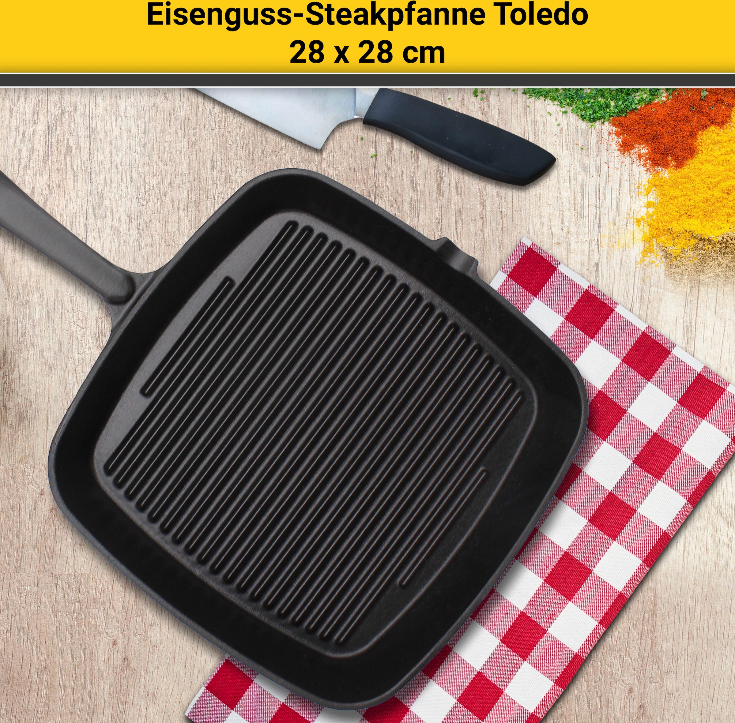 Krüger Steakpfanne »Einsenguss Grill-/ Steakpfanne TOLEDO, 28 x 28cm«, Gusseisen, (1 tlg.), für Induktions-Kochfelder geeignet