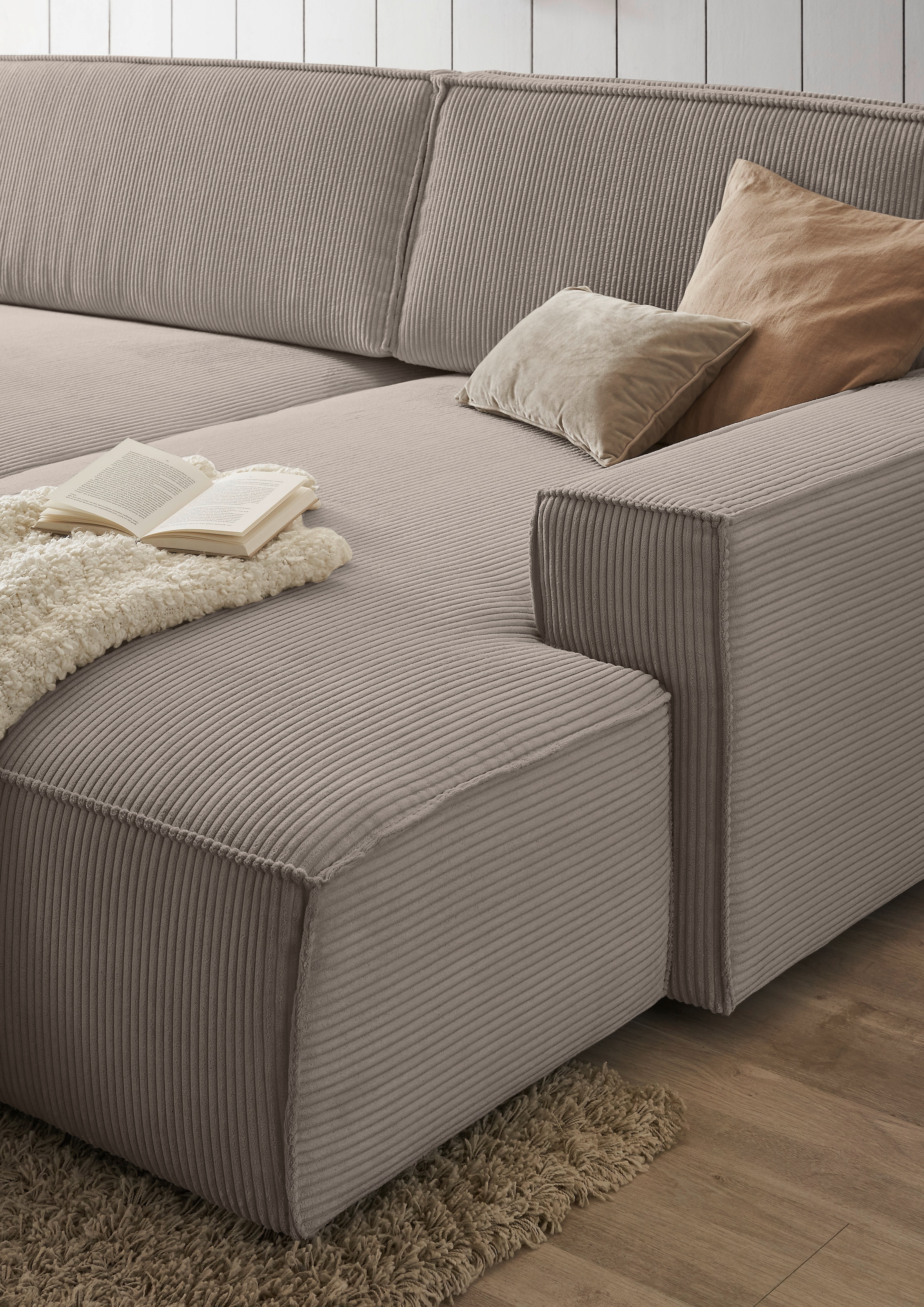 Home affaire Ecksofa »NEU: SHERWOOD XXL 284, Big-Sofa L-Form, tiefe Sitzfläche 95 cm, Cord«, Recamiere rechts/links, als Schlafsofa stellbar, Cord u. Leinenoptik