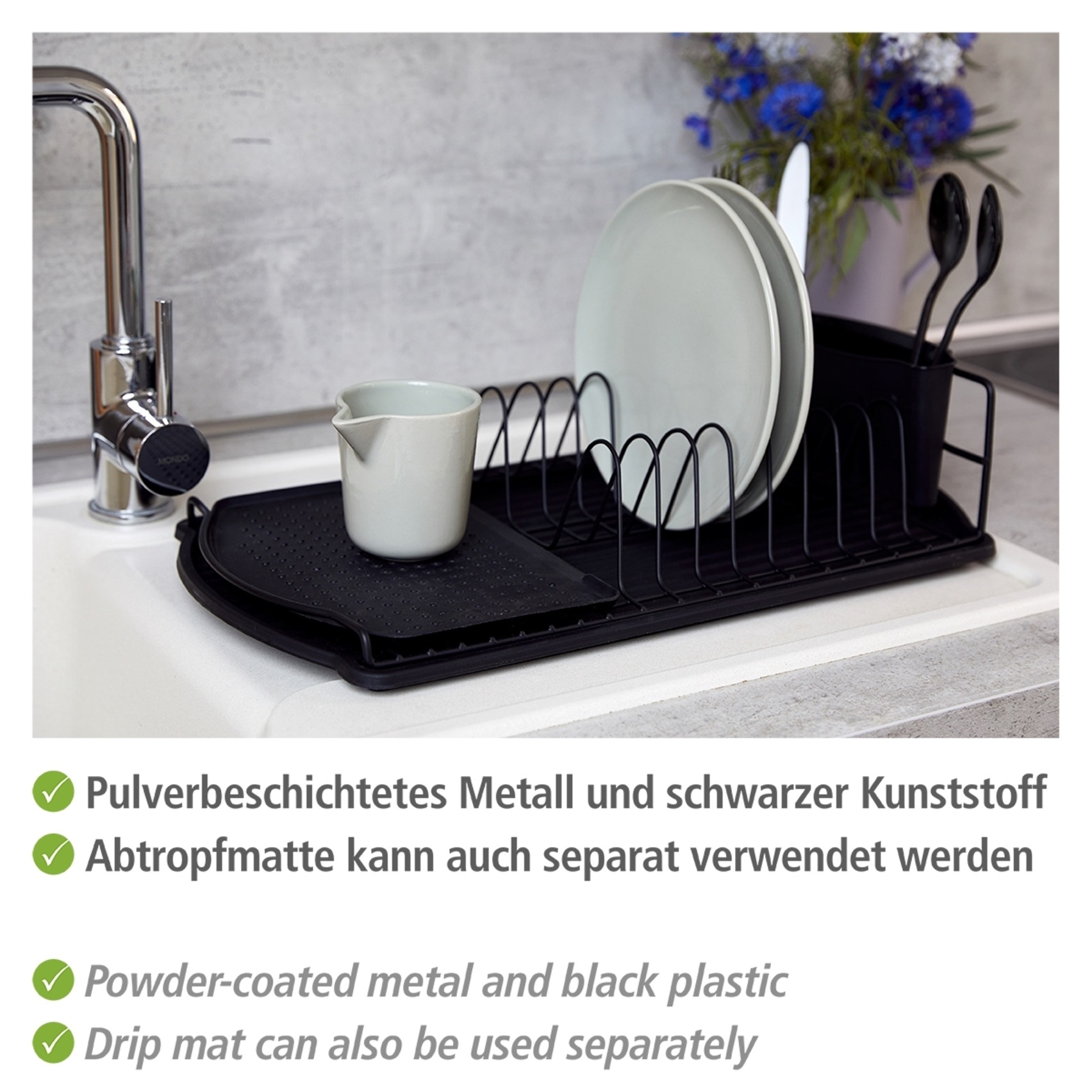 WENKO Trockenständer »Modell Basic«, Abtropfgestell für Geschirr mit Besteckkorb, Metall/Kunststoff