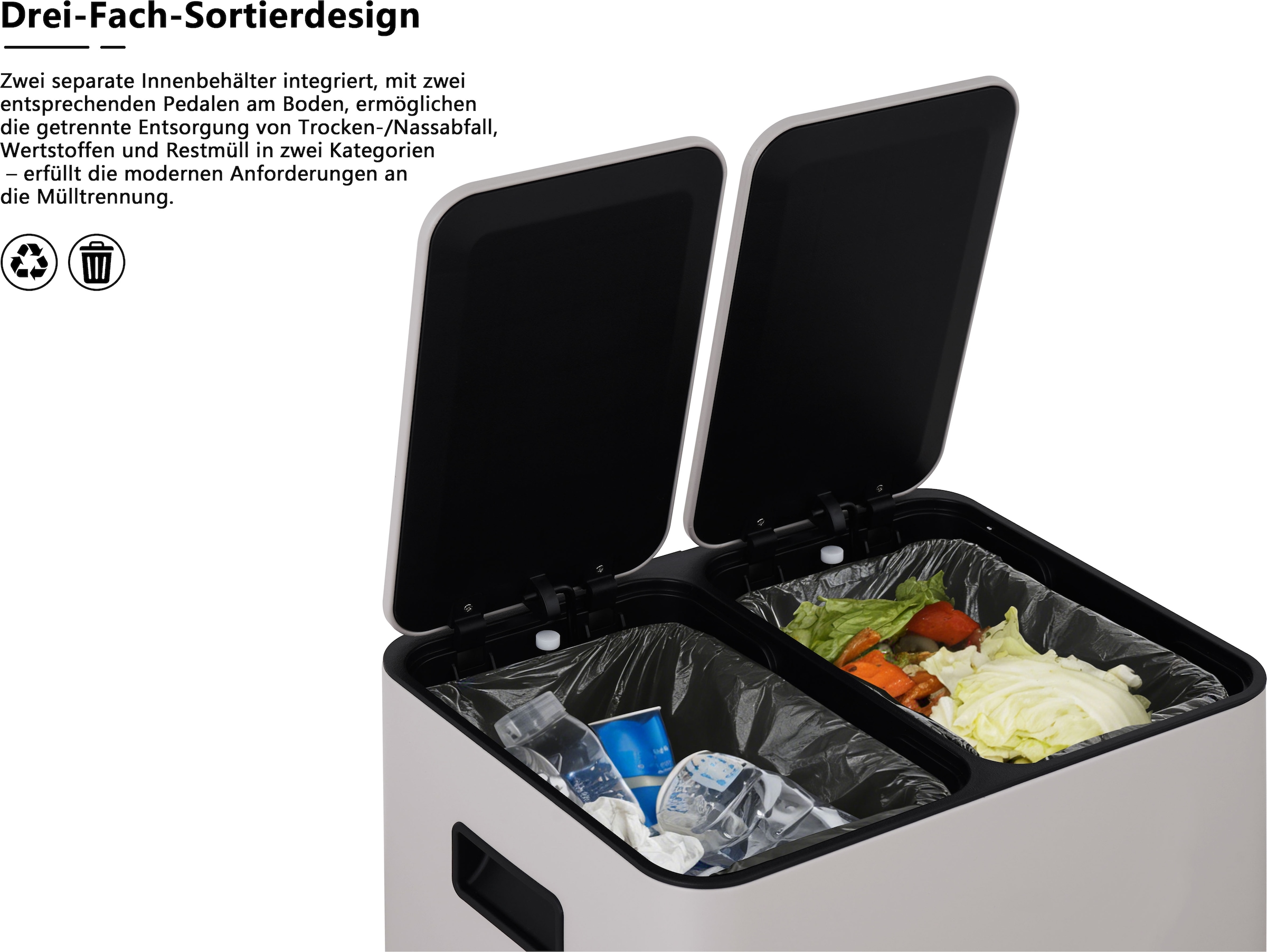 OTTO home Mülleimer »Garrin, mit 2 Fächern, Fassungsvermögen jeweils 15 Liter bzw. 30 Liter« 2 Behälter Mülltrennsystem mit 2 separaten Innenbehältern und Fußtrittpedalen