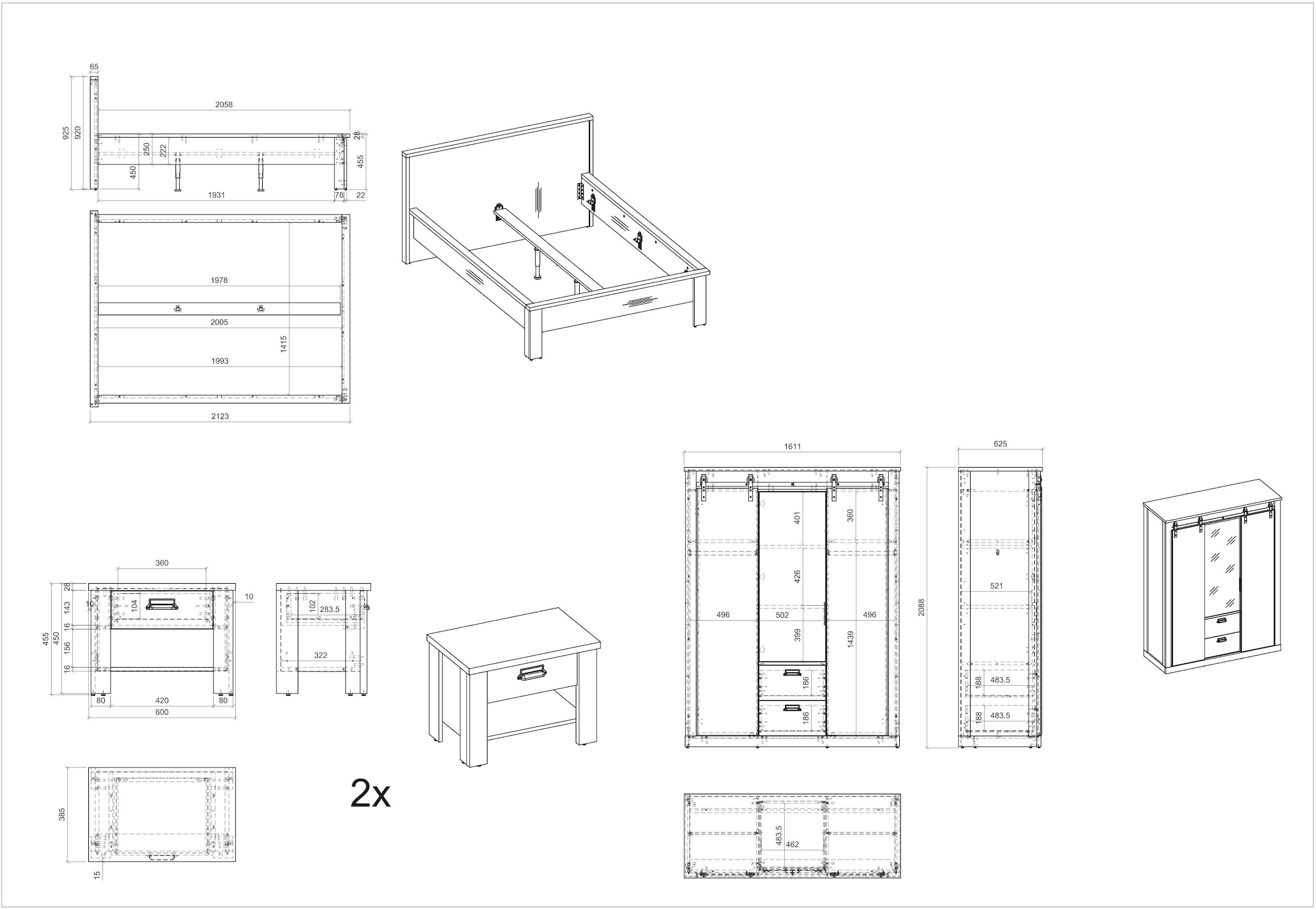 Home affaire Schlafzimmer-Set »SHERWOOD«, (4 tlg.), Liegefläche 140x200cm, Schrank 3-trg. 162cm breit