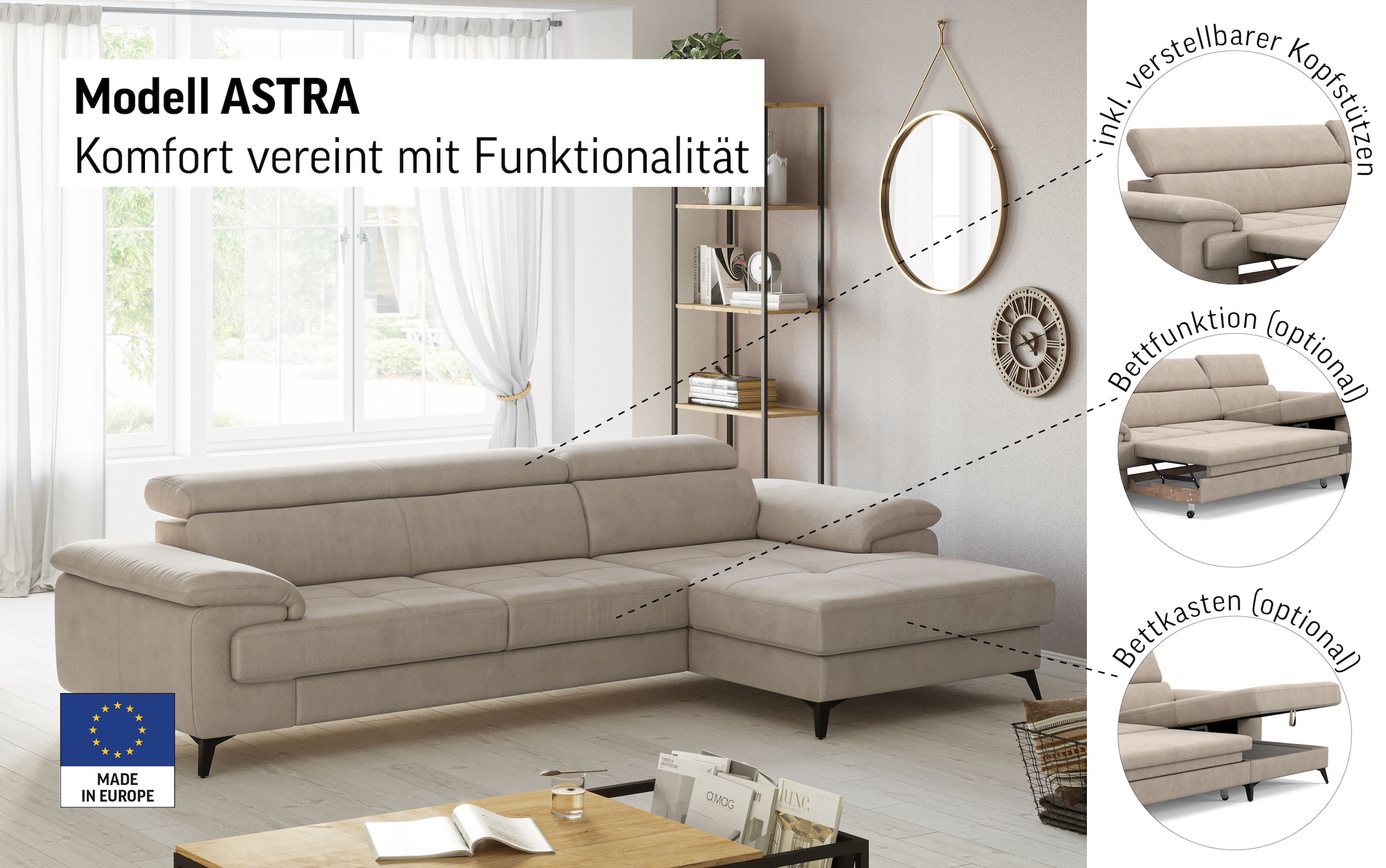 COTTA Ecksofa »Astra L-Form, B: 300 cm« mit Kopfteilverstellung, optional Bettfunktion & Bettkasten