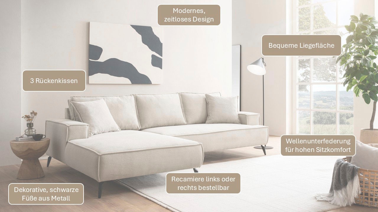 andas Ecksofa »TVINNU, L-Form, 275cm, in Cord und Leinenoptik« wahlweise Recamiere rechts/links, schwarze Füße, bequemer Sitzkomfort