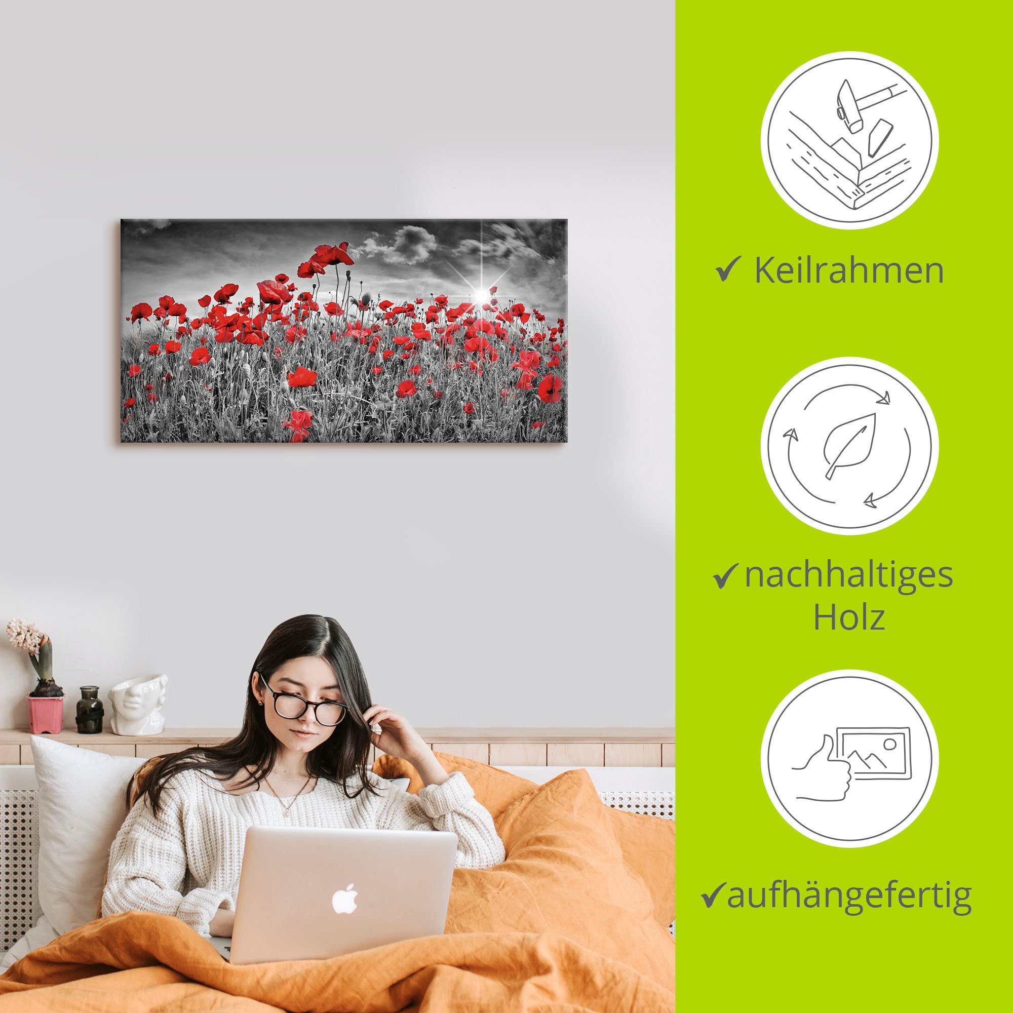 Artland Wandbild »Idyllisches Mohnblumenfeld mit Sonne«, Blumen, (1 St.), als Alubild, Outdoorbild, Leinwandbild, Poster, Wandaufkleber