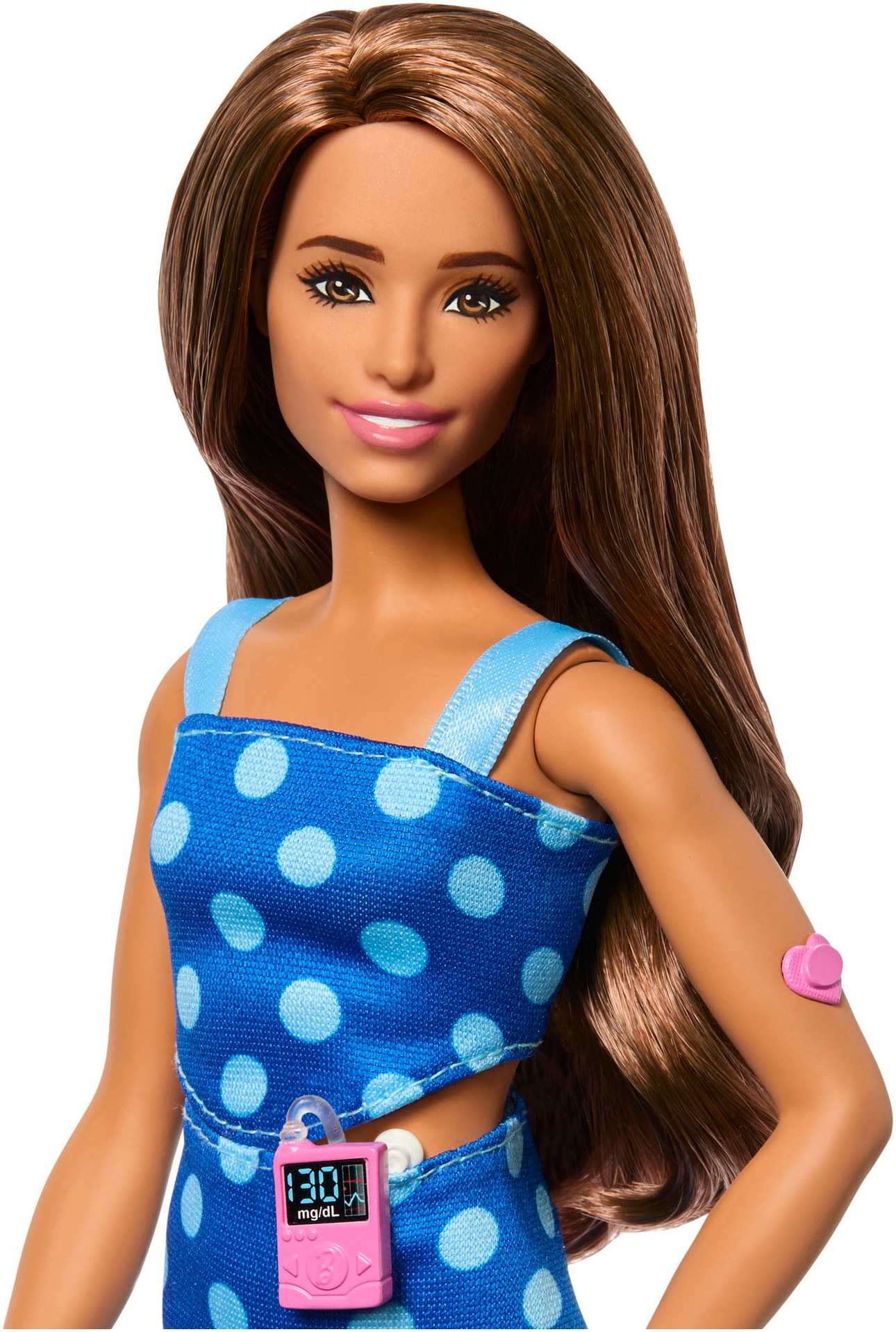 Barbie Anziehpuppe »Fashionista, mit Typ 1 Diabetes im blaugepunkteten Kleid«