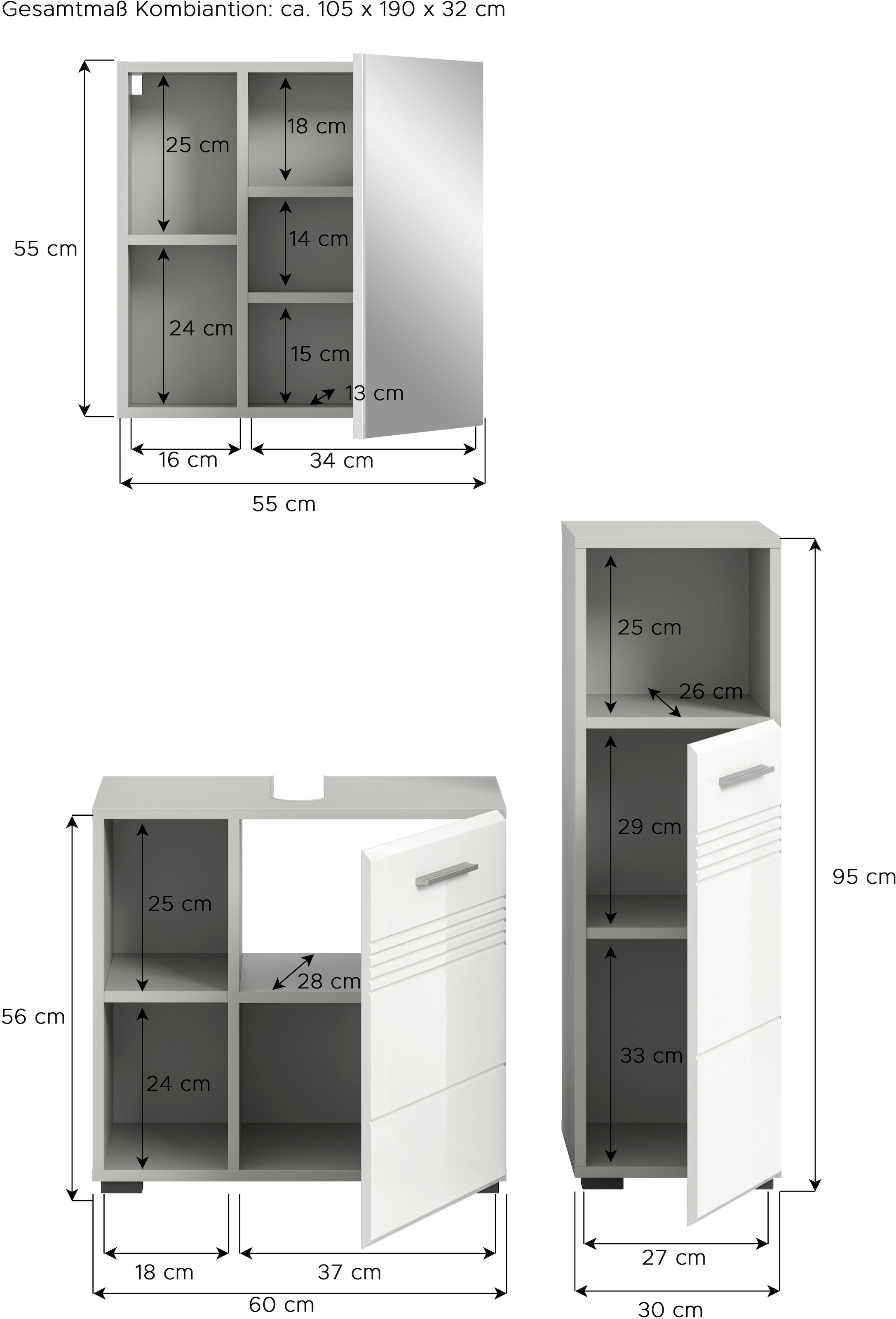 welltime Badmöbel-Set »Calicio, bestehend aus: Waschbeckenunterschrank, Spiegelschrank«, (3 St.), Unterschrank, hochwertige MDF Front mit Rillenfräsung
