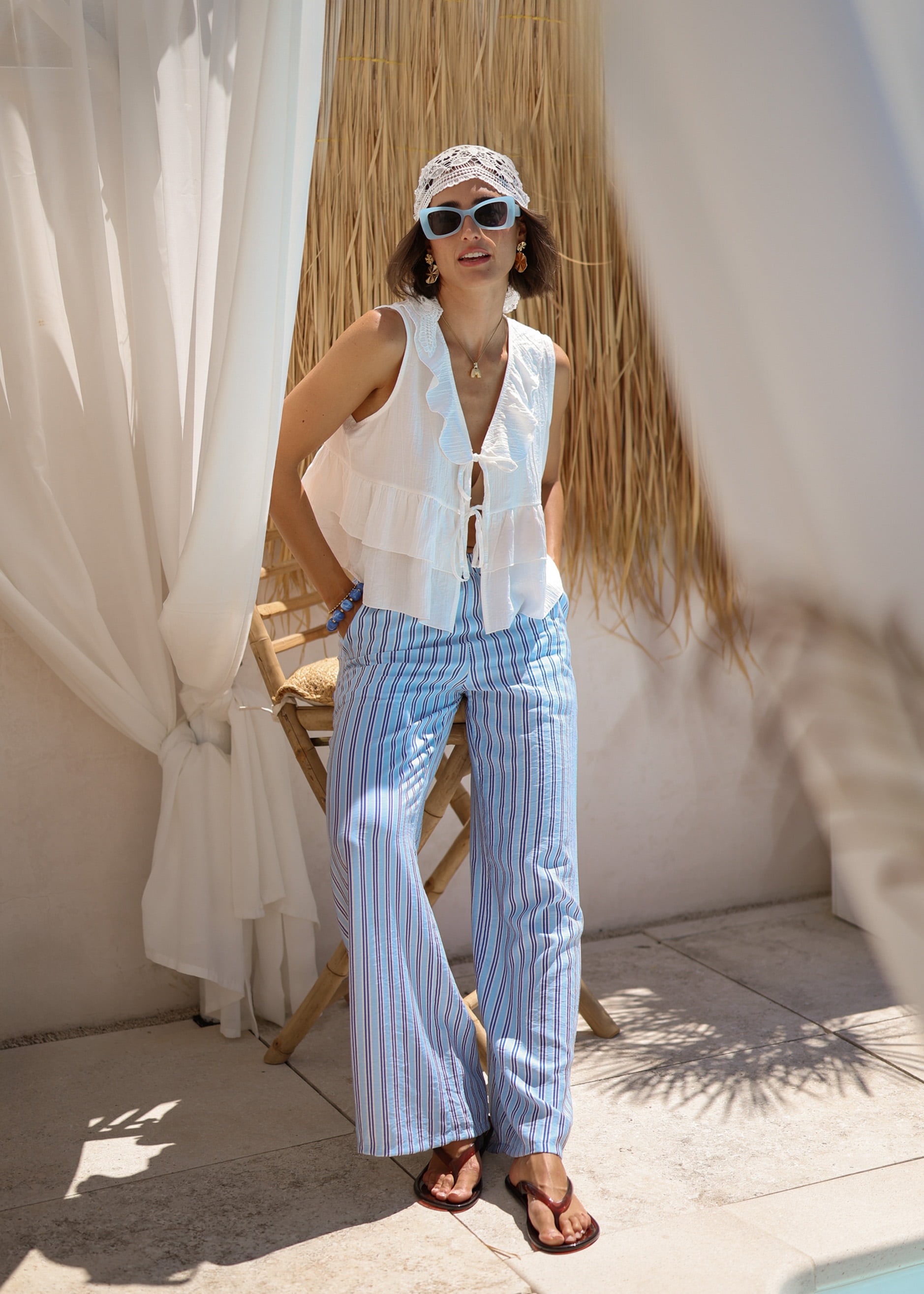 SASSYCLASSY Stoffhose »Gestreifte Viskose Hose«  Leichte Stoffhose mit weitem Bein und seitlichen Taschen Blau