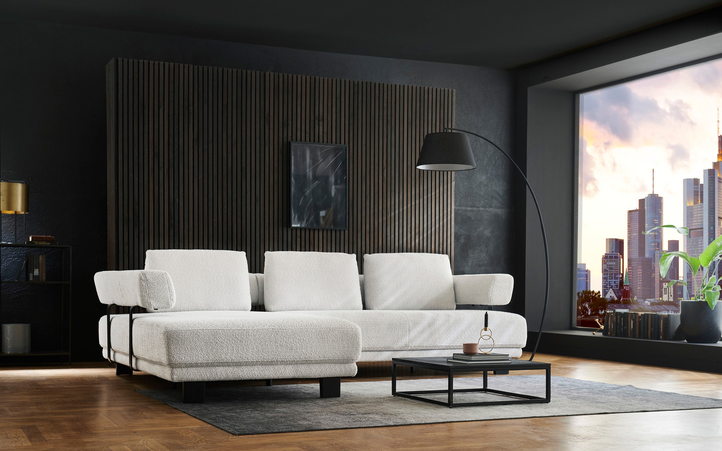 HUKLA Ecksofa »HU-HP18064 L-Form«, (Set), Optional mit motorischer Vorziehbank, stylische Reling