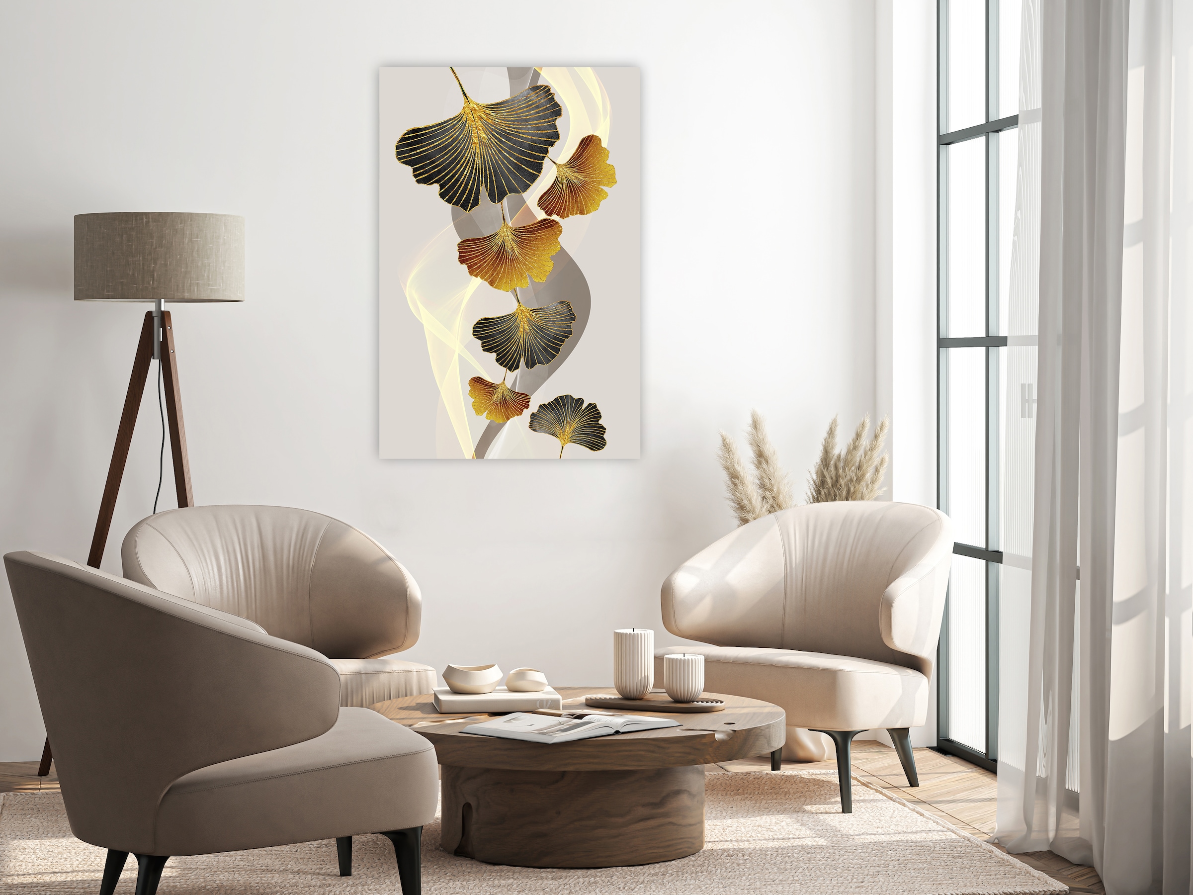 queence Leinwandbild »Ginkgo in Gold und Grau, Canvas Bild von Hand bespannt« 1 Stk. tlg. Zeitlose Ginkgo-Motive in hellen Farben