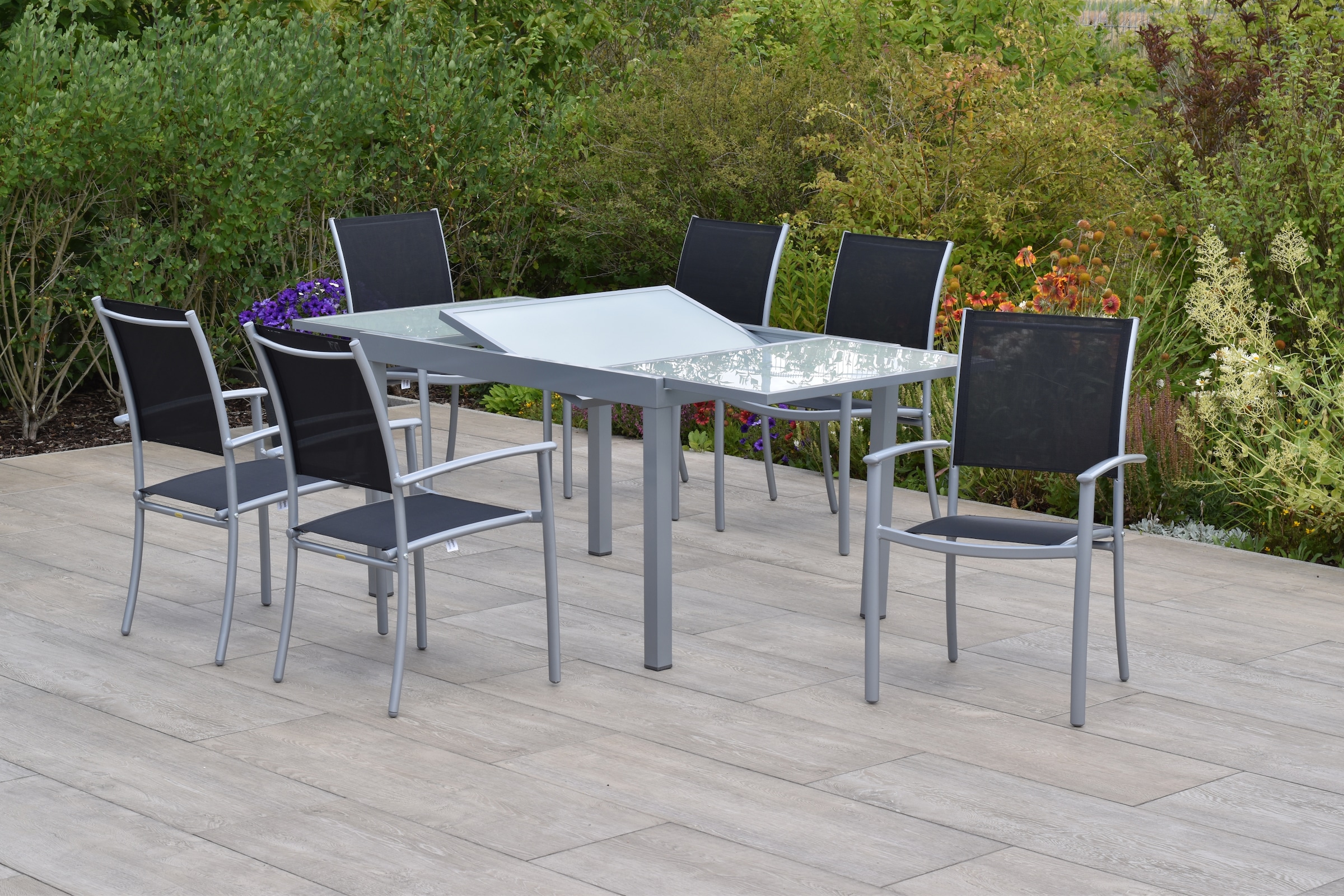 MERXX Garten-Essgruppe »»Milano«« Set, Pulverbeschichtetes Aluminiumgestell, 7 Stk. tlg. Ausziehtisch: LxB: 120-180 x 90 cm