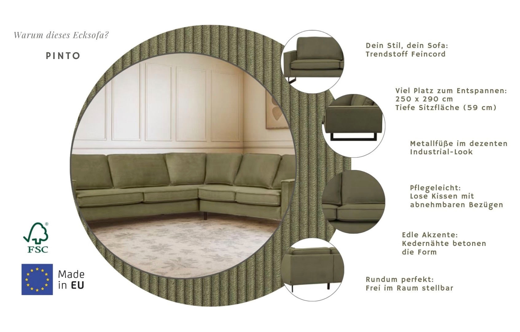 Home affaire Ecksofa »Pinto, XXL, 250/290 cm, langer Schenkel, Ottomane« Cord, Chenille, Lederoptik, mit Keder, Metallfüße, Wellenunterfederung