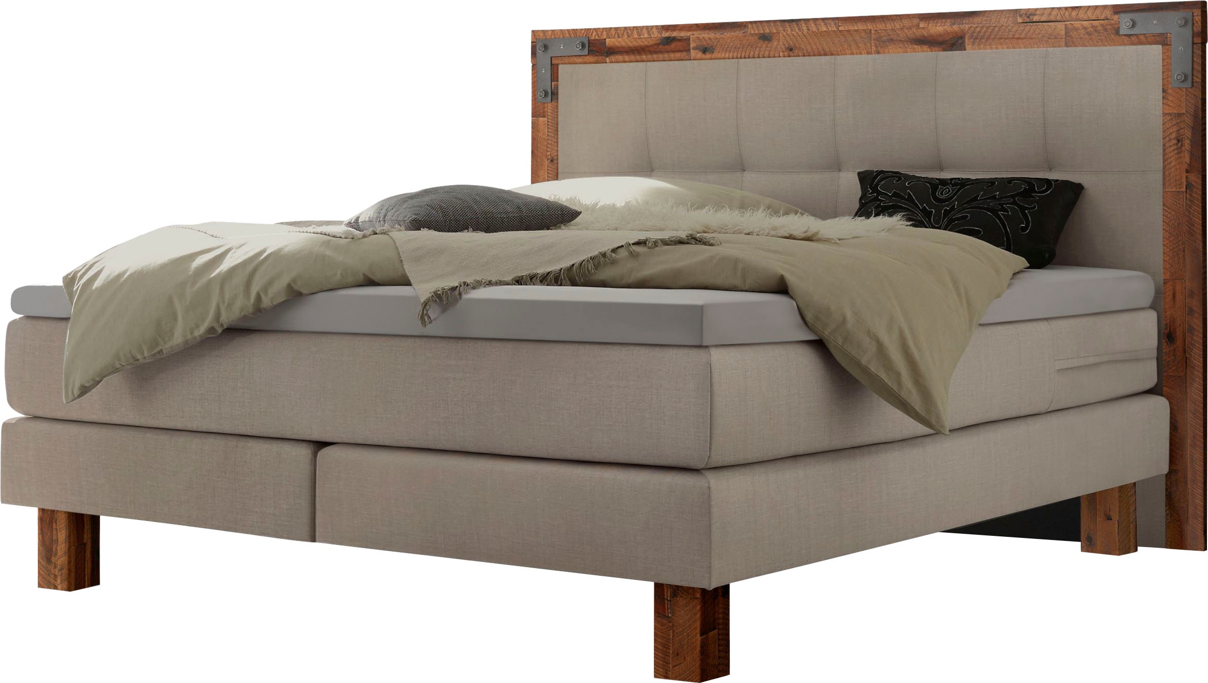 Boxspringbett Memphis, im Vintagelook, Massivholz-Umrandung,...