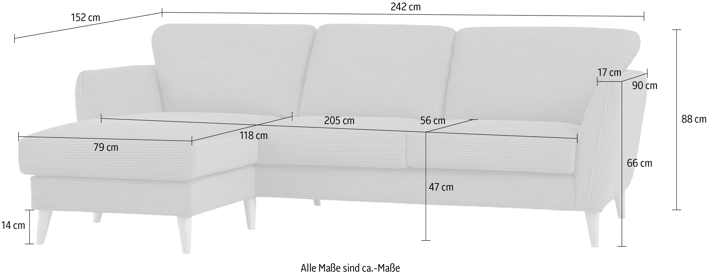 Home affaire Ecksofa »MARSEILLE (242/152cm),L-Form, Rec. rechts/links«, Massivholzbeine aus Eiche, in verschieden Bezügen und Farbvarianten