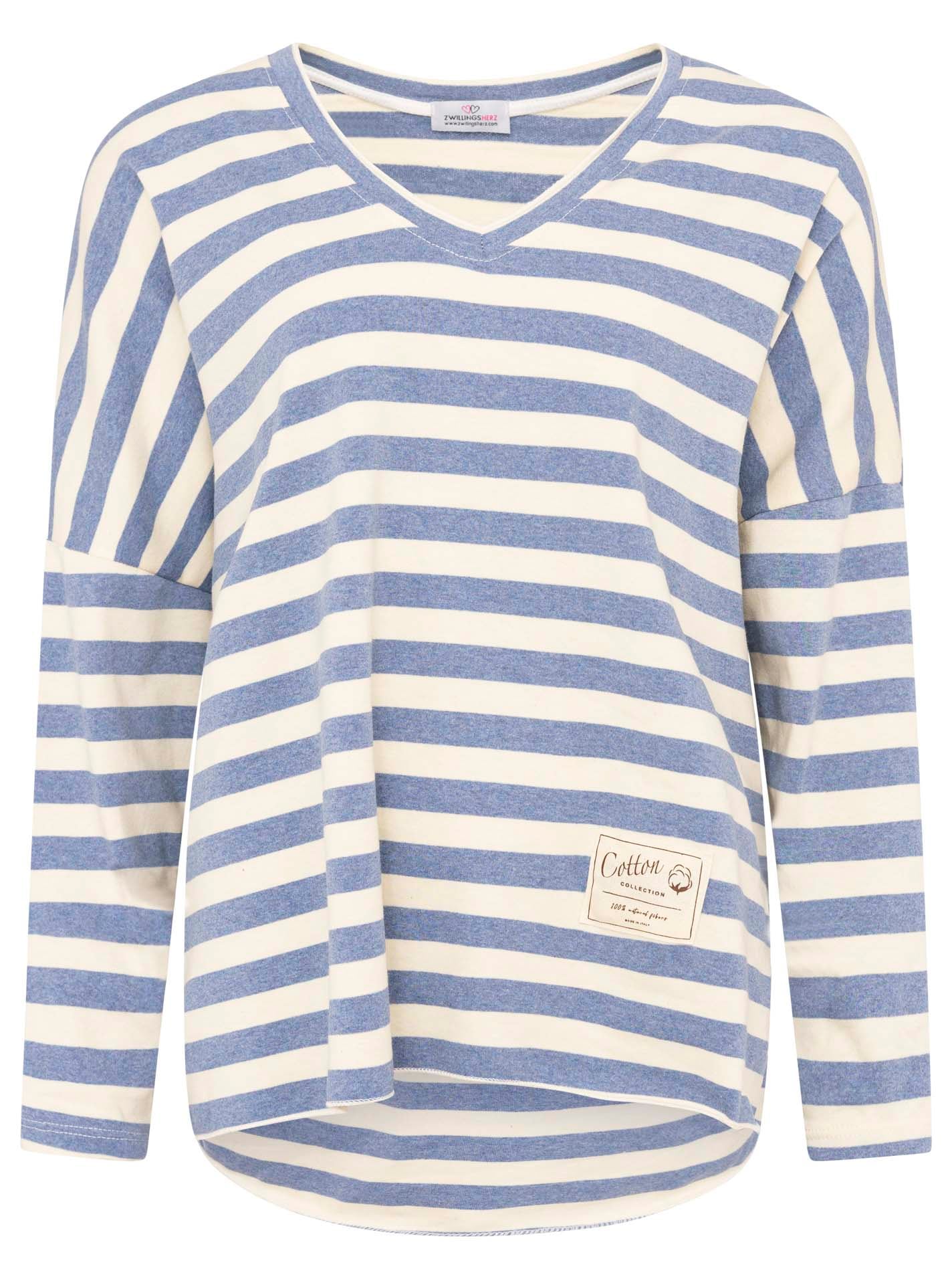 Zwillingsherz T-Shirt »"Streifen & Jersey"« Streifenmuster, V-Neck, offene Kanten für Used Look