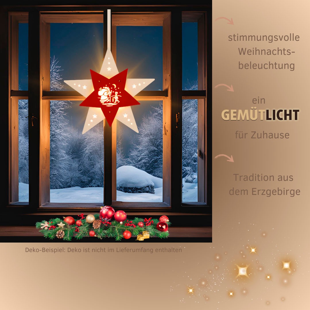 Weigla Dekostern »LED Knecht Ruprecht, beleuchtetes Fensterbild, WEIẞ-ROT«, (1 St.), Erzgebirge garantiert, Weihnachtsdeko Innen, Weihnachtsbeleuchtung