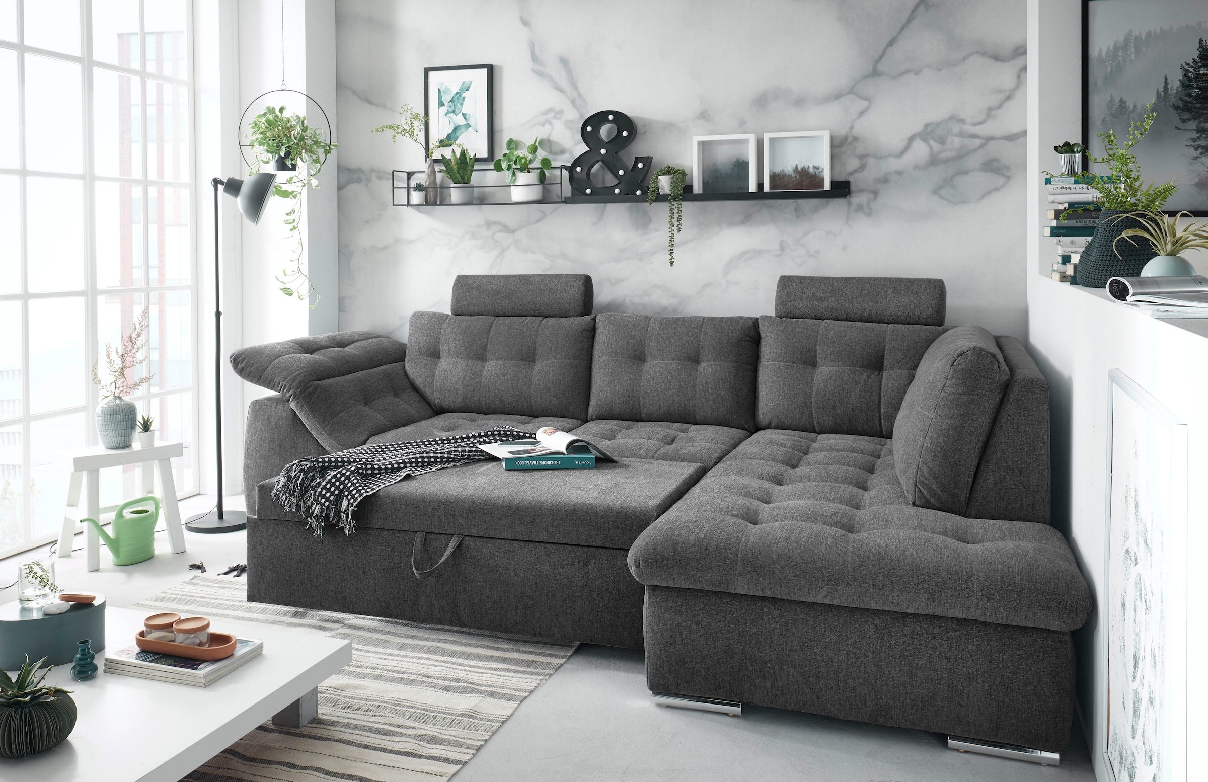 ED EXCITING DESIGN Ecksofa Oman, mit Bettfunktion, Bettkasten, Armteilverstellung und  Kopfstützen
