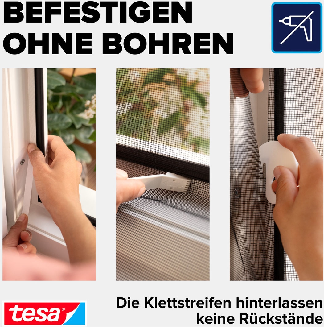 tesa Insektenschutz-Fensterrahmen »Insect Stop Comfort Fliegengitter für Fenster - 1.3 m x 1.5 m« Packung, Fliegennetz, Klettband, Andrück und Schneidehilfe, 1 Stk. tlg. Insektenschutzgitter - ohne Bohren - zuschneidbar
