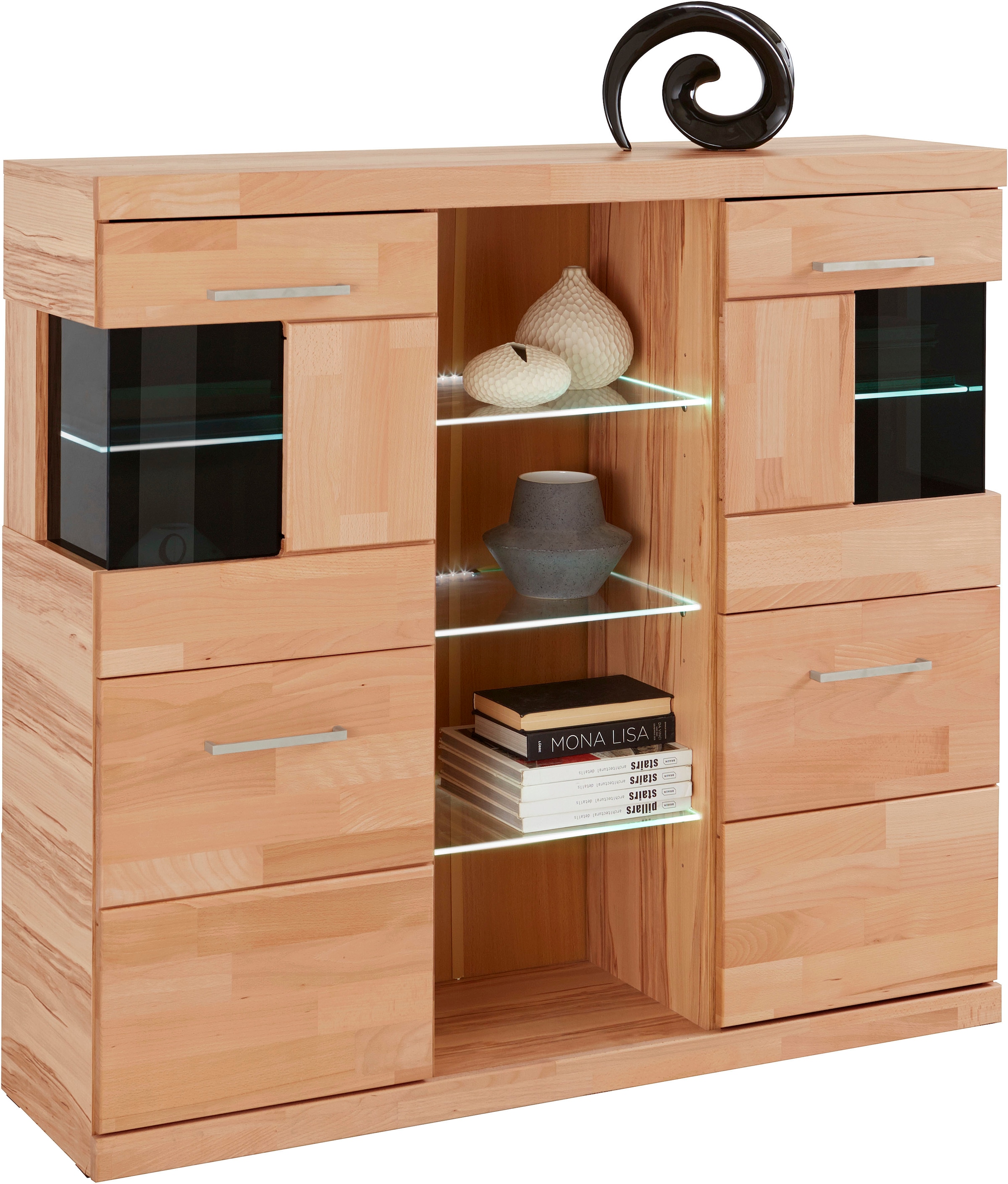 Home affaire Highboard »Ribe,120cm breit,112cm hoch,Oberplatte massiv,12 Fächer«, Holz massiv, Holzwerkstoff, Metall Griffe,2Türen mit Glaseinsatz