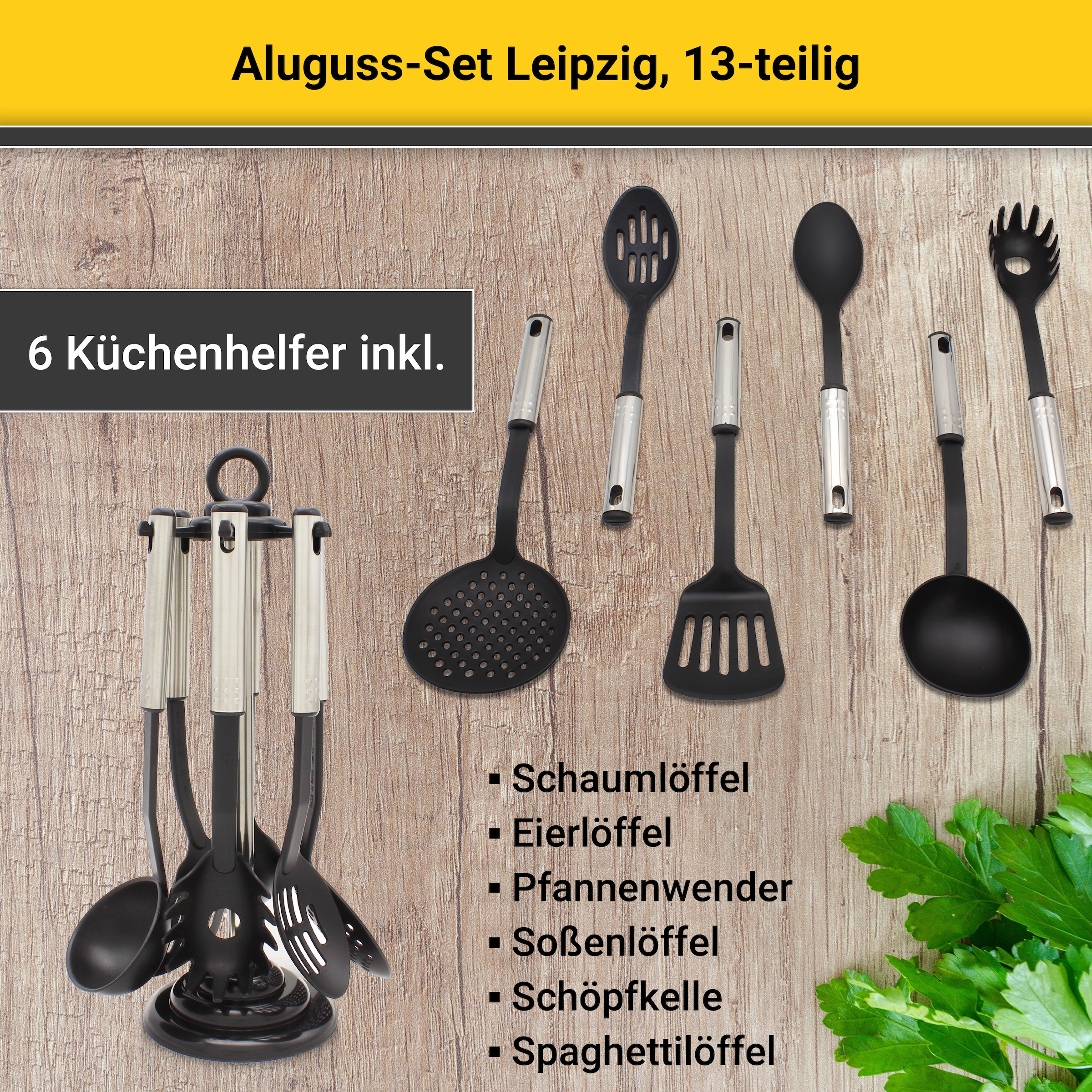 Krüger Topf-Set »Aluguss Topf-/Pfannenset LEIPZIG inkl. Küchenhelfern, 13 tlg.«, Aluminiumguss, (Set, 13 tlg., Fleischtopf 16+20 cm, Pfanne flach 20+28 cm, 7 tlg. Küchenhelferset), inkl. 7-tlg. Küchenhelfer-Set