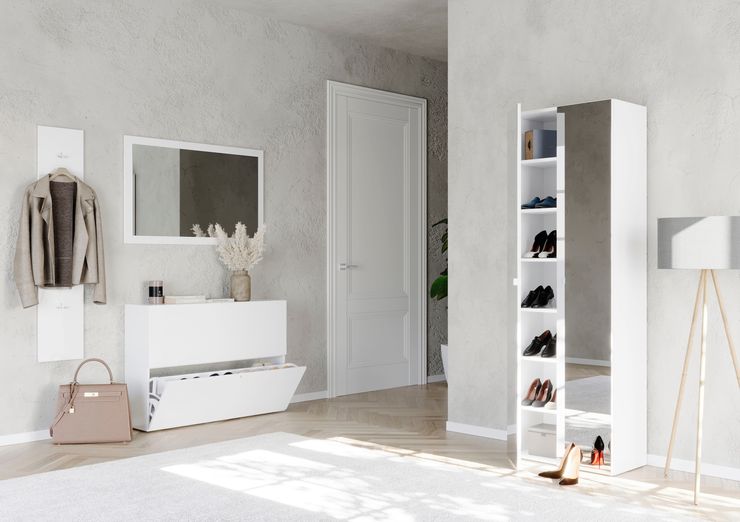 INOSIGN Schuhschrank »SMILE Höhe 184 cm, Weiß Hochglanz lackiert mit 2 Spiegeltüren,«, Schuhregal mit 7 Ebenen, Metallgriff, viel Stauraum, 4 Böden variabel