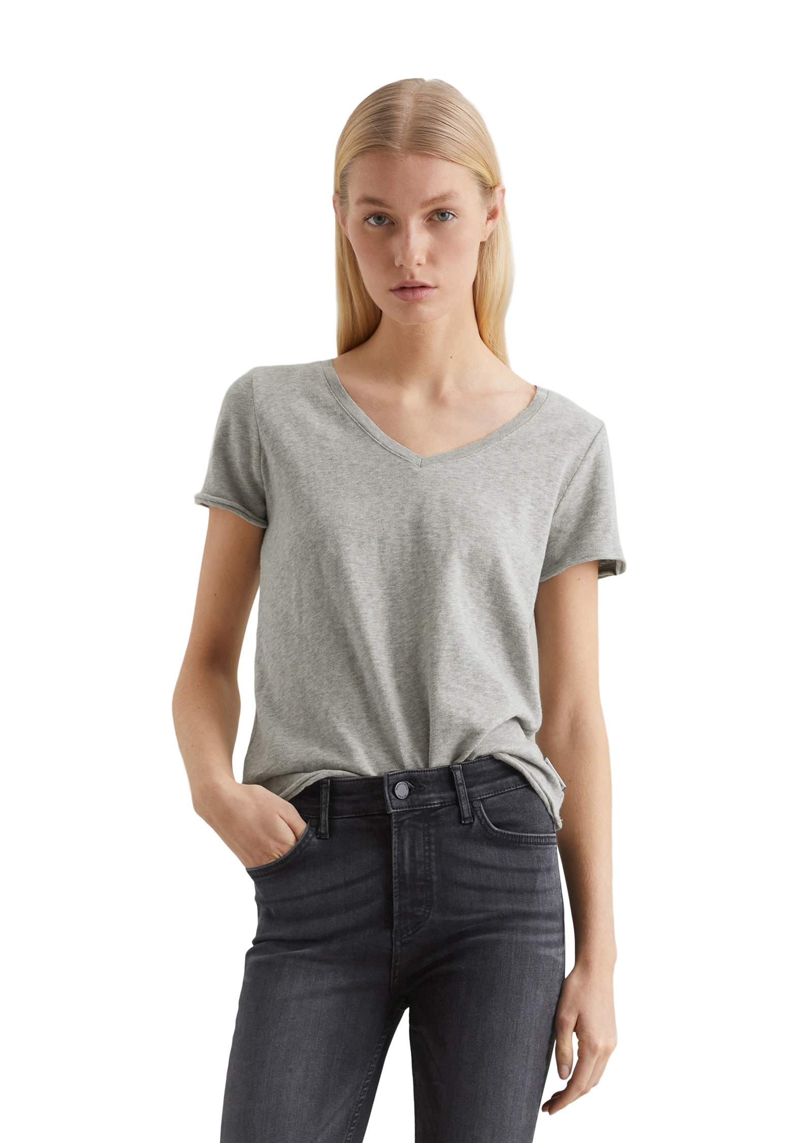 Marc O'Polo DENIM T-Shirt mit  abgerundetem V-Neck
