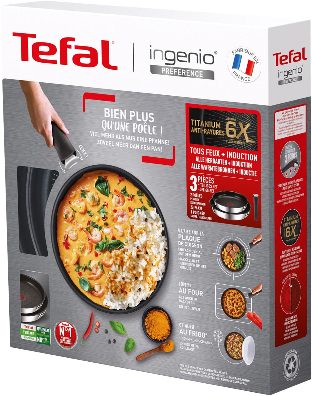 Tefal Pfannen-Set »Ingenio Preference«, Edelstahl, (Set, 3 tlg., Tefal Ingenio Preference Pfannenset, 2 teilig, Ø 22, 26 cm, 1 Griff), stapelbar, Antihaftversiegelung, Induktion, Made in France, kompakt