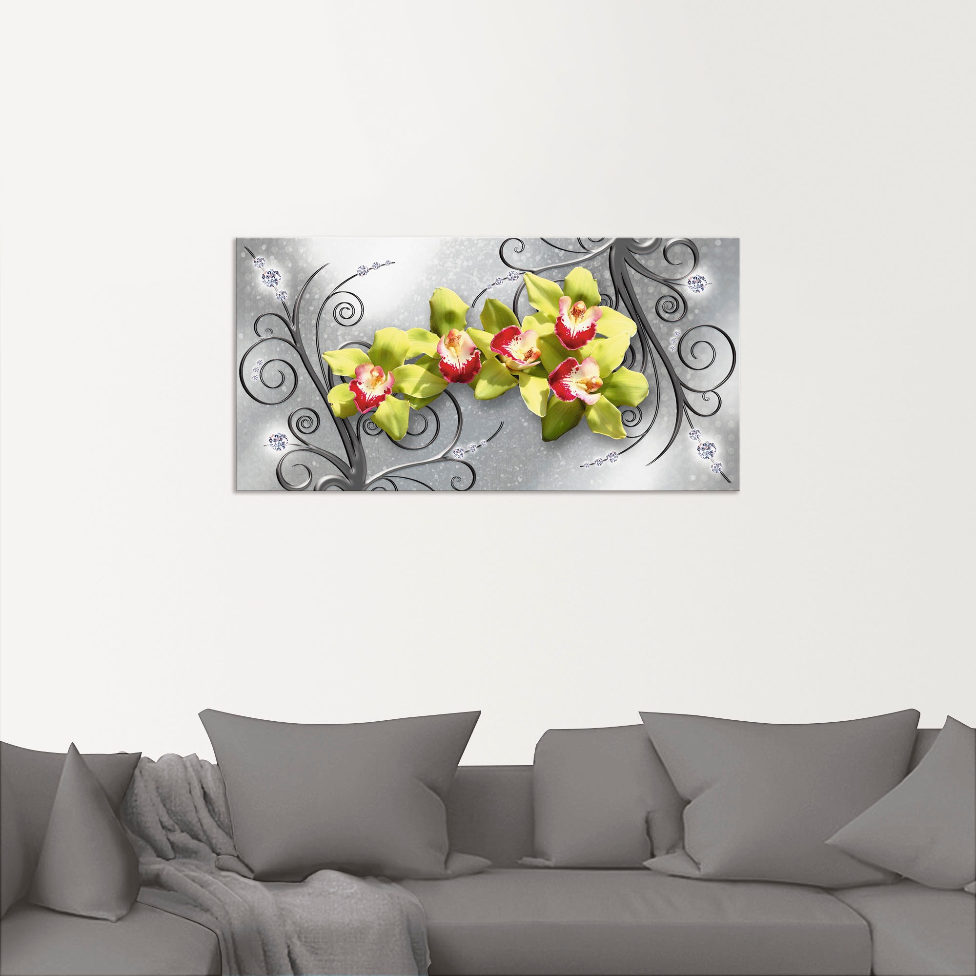Artland Wandbild »Grüne Orchideen auf Ornamenten«, Blumenbilder, (1 St.), als Alubild, Outdoorbild, Leinwandbild, Poster, Wandaufkleber