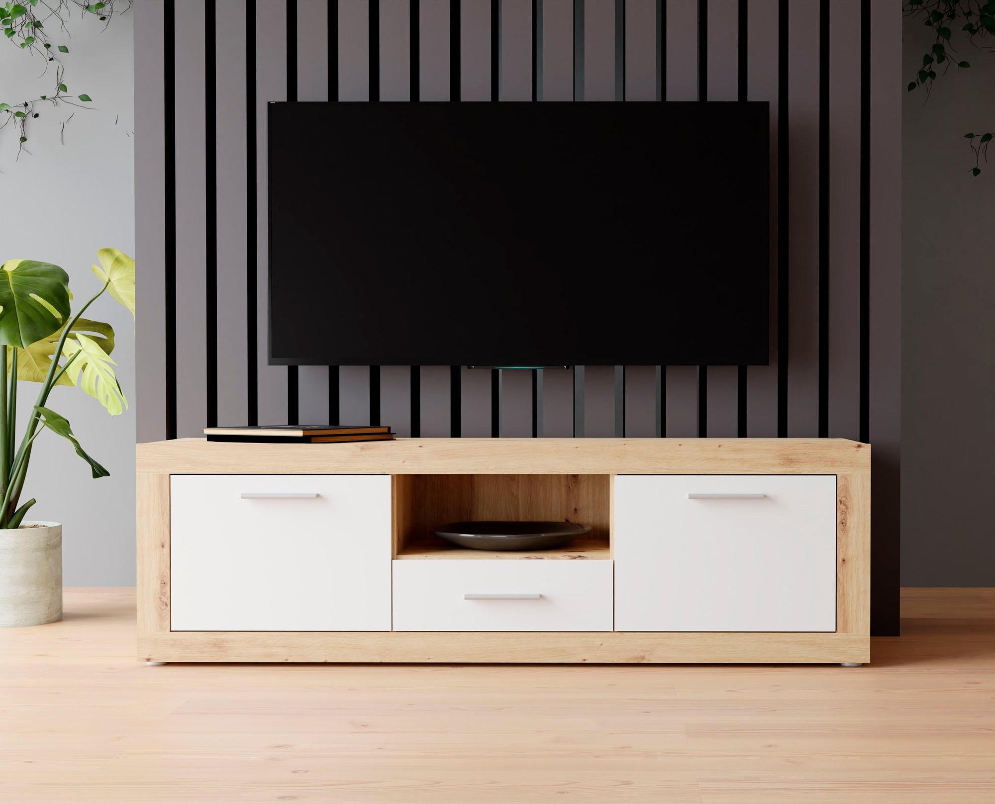FORTE Lowboard »Baccio TV-Board, TV-Schrank«, Breite 148 cm, Höhe 50 cm, 2 Türen und 2 Schubkästen, 1 offenes Fach