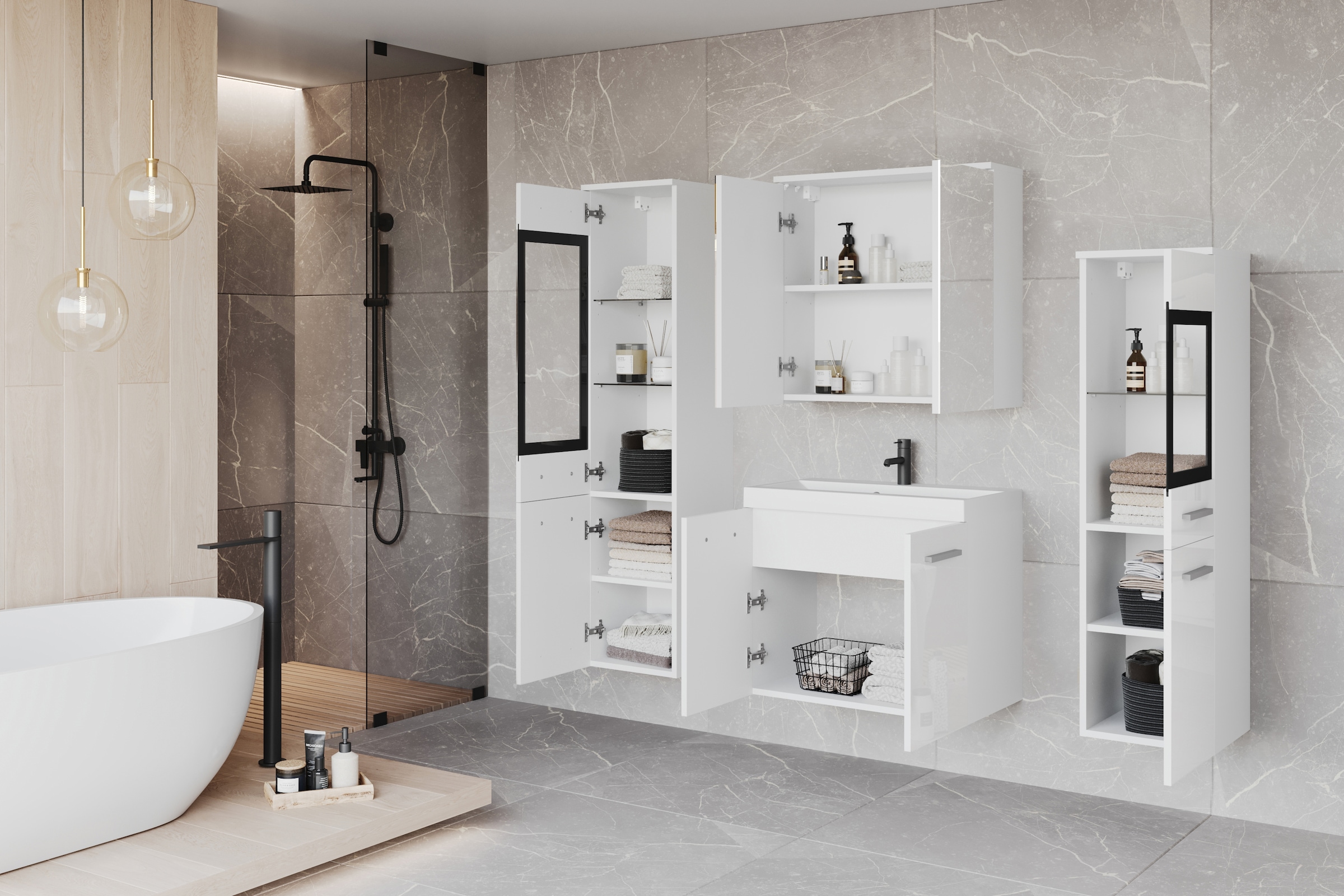 welltime Badmöbel-Set »MADRIT II, Schrank mit Waschbecken, 2 Hänger, Spiegelschrank«, (Komplett-Set, 5 St.), Hängende Badmöbel mit Glaseinsätzen – in vielen Farben erhältlich