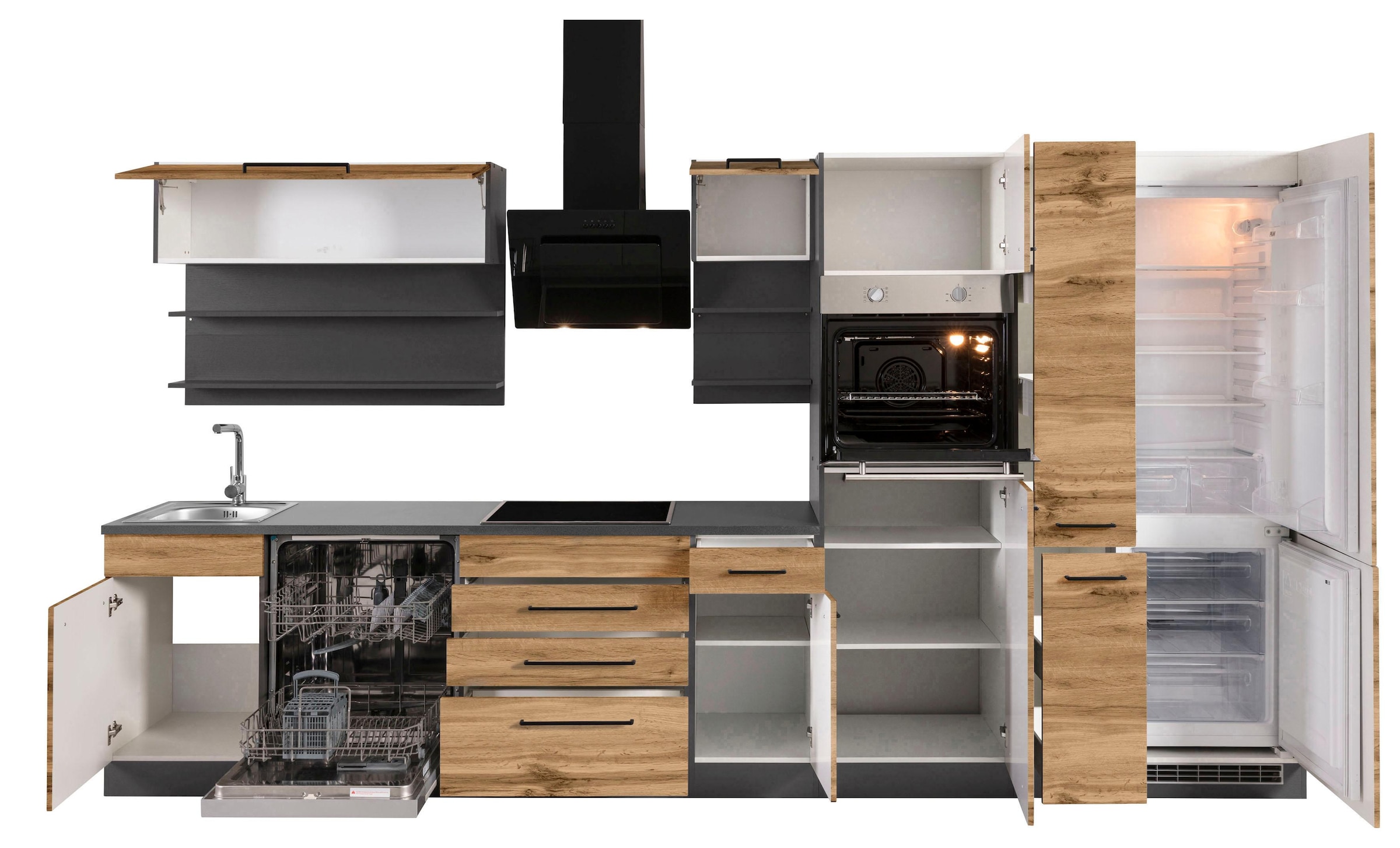 KOCHSTATION Küchenzeile »KS-Tulsa« mit E-Geräten, Breite 360 cm, schwarze Metallgriffe, MDF Fronten