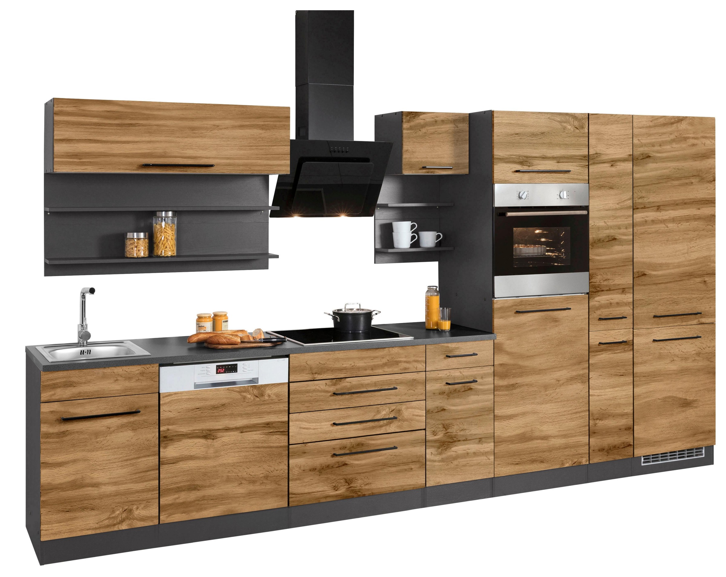 KOCHSTATION Küchenzeile »KS-Tulsa« ohne E-Geräte, Breite 360 cm, schwarze Metallgriffe, MDF Fronten