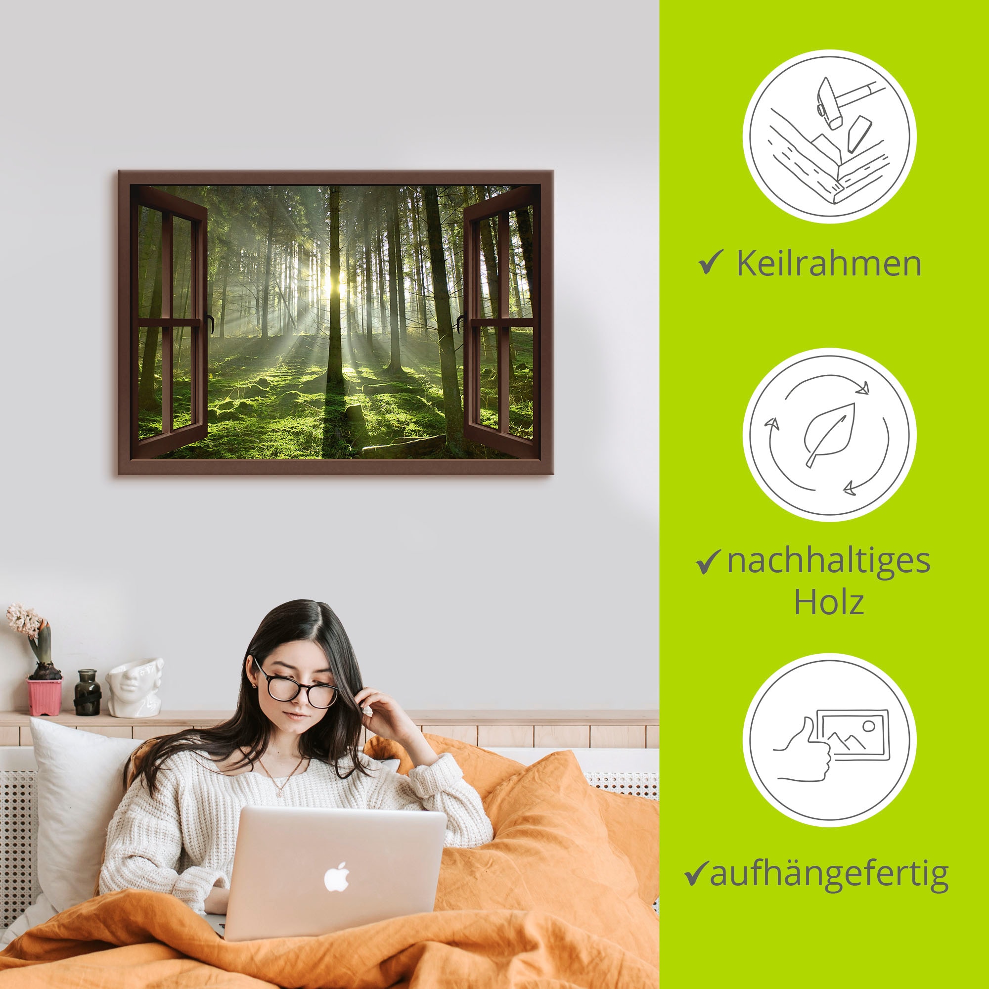 Artland Leinwandbild »Fensterblick - Wald im Gegenlicht, braun«, Fensterblick, (1 St.), auf Keilrahmen gespannt