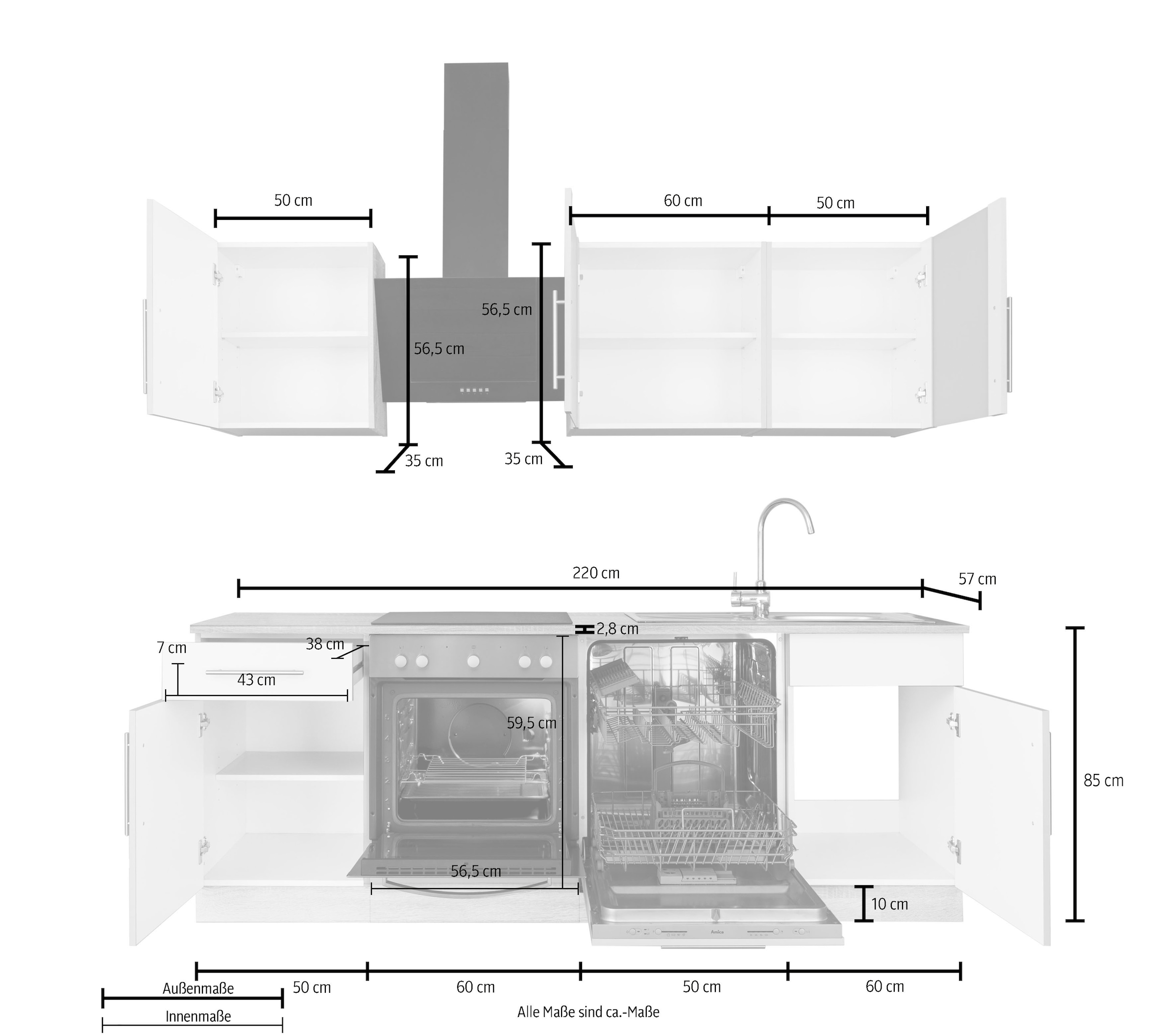 »Cali«, Küchenzeile bei Küchen OTTO cm online 220 mit wiho E-Geräten, Breite