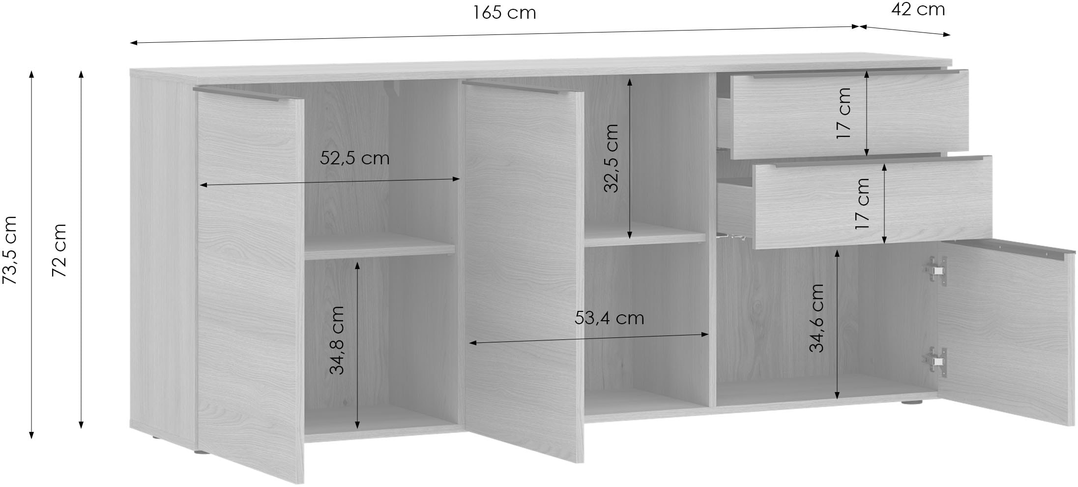 TOM TAILOR HOME Kommode Lowboard, Breite 165 cm,3 Türen,2 Schubladen, viel Stauraum