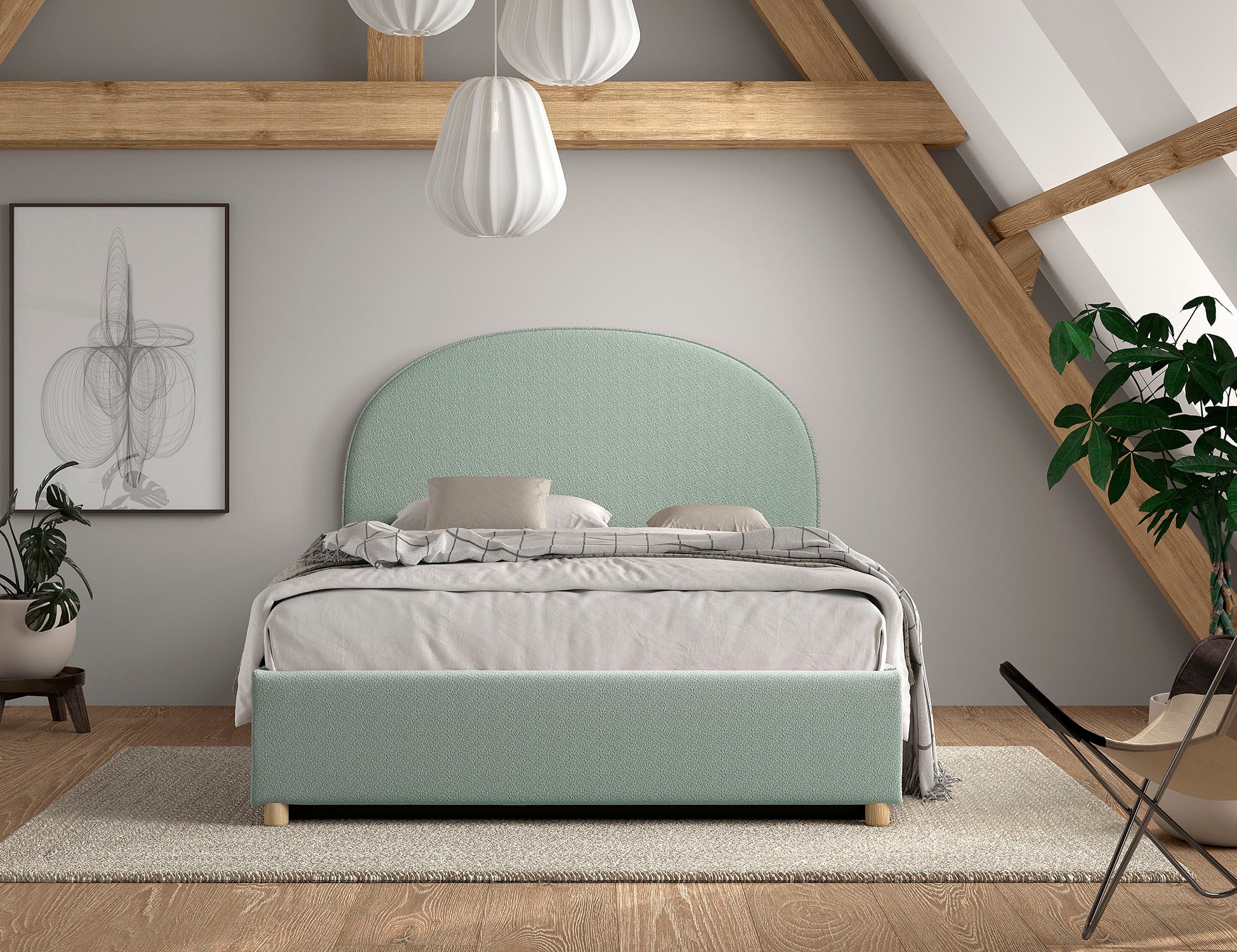 Vipack Boxbett »Moon, mit Lattenrost und Stauraum, modernes Design«, (gerundetes Kopfteil und in 2 Breiten erhältlich), inkl. Massivholz Füßen in natur, 3 Stoff Farben zur Auswahl