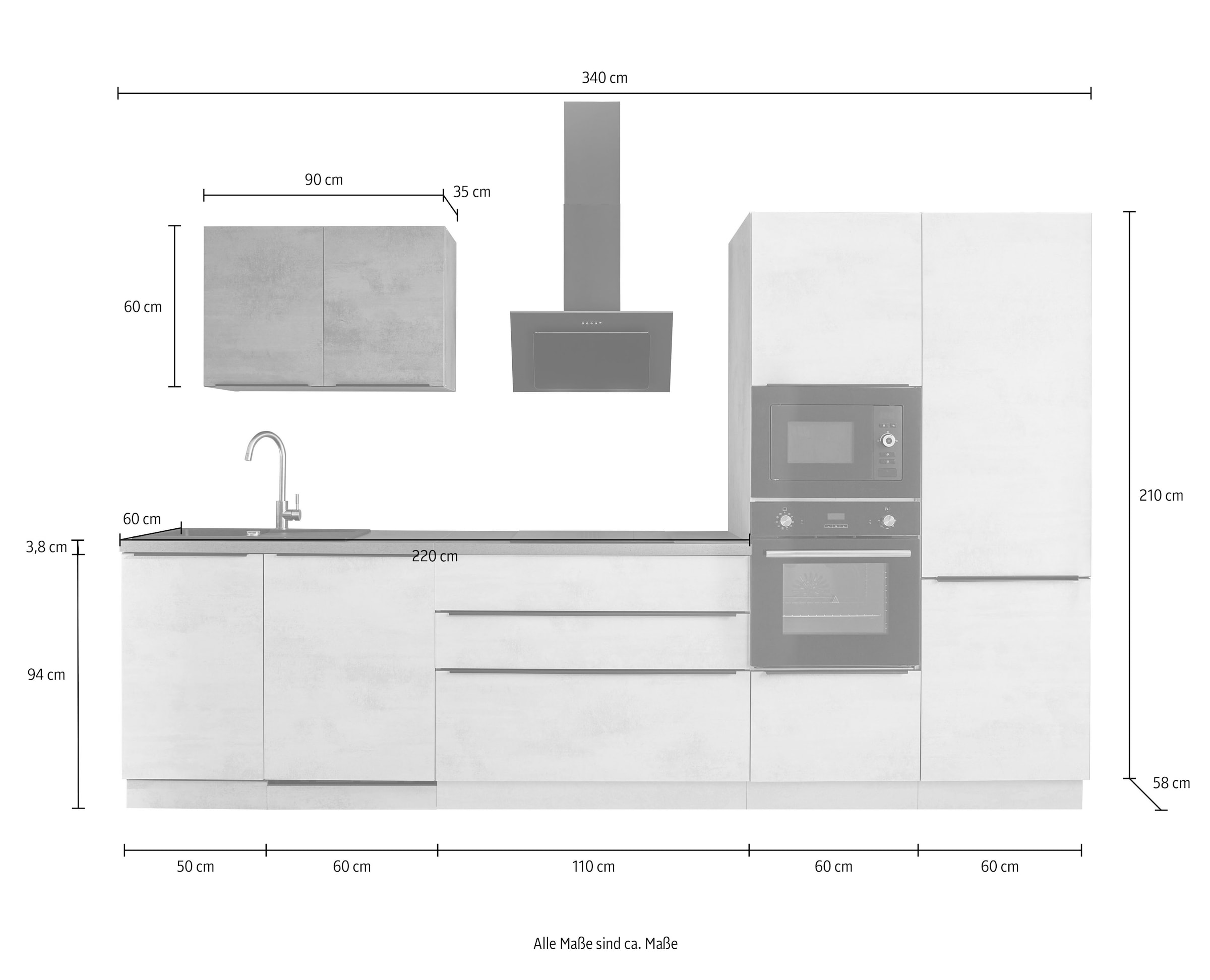 BASIC by Balculina Küchenzeile »Sanibel, Küche BxTxH 340x60x210 cm«, Breite 340cm, mit E-Geräten, Softclose für Türen und Schubkästen