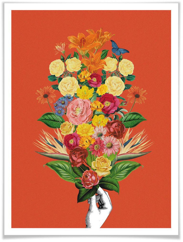 Poster »Botanical Rot Blumenstrauß«, Schriftzug, (1 St.), Poster ohne Bilderrahmen