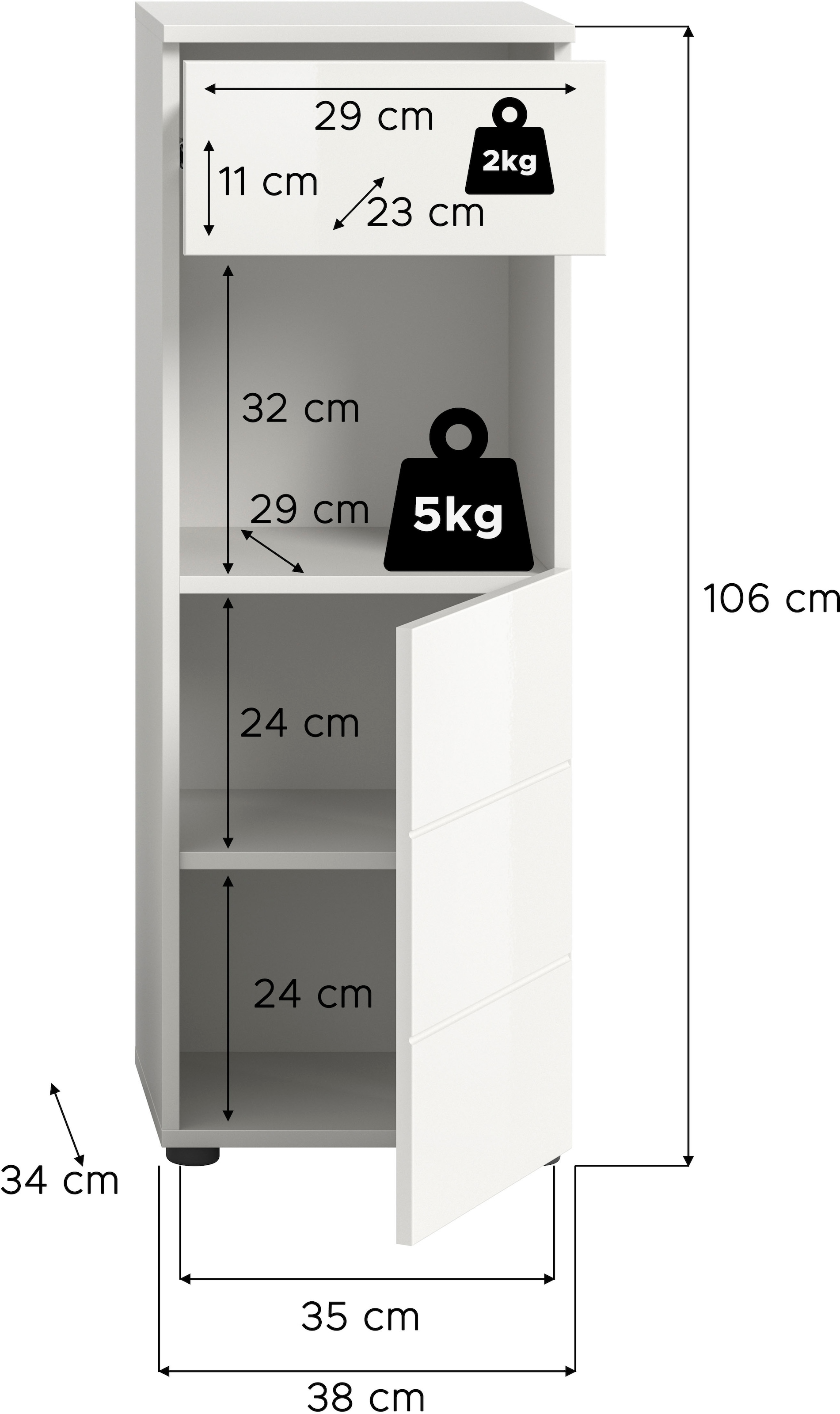 welltime Unterschrank »Biel, Höhe 106 cm,1 Tür, 1 Schubkasten«, (1 St.), Türanschlag wechselbar, modernes Design, Badschrank, Unterschrank, Bad