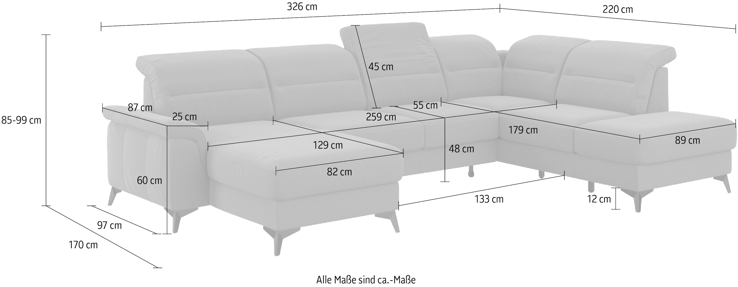 sit&more Wohnlandschaft »Sinatra U-Form«, optional mit Kopfteilverstellung und Armteilfunktion, Metallfüße