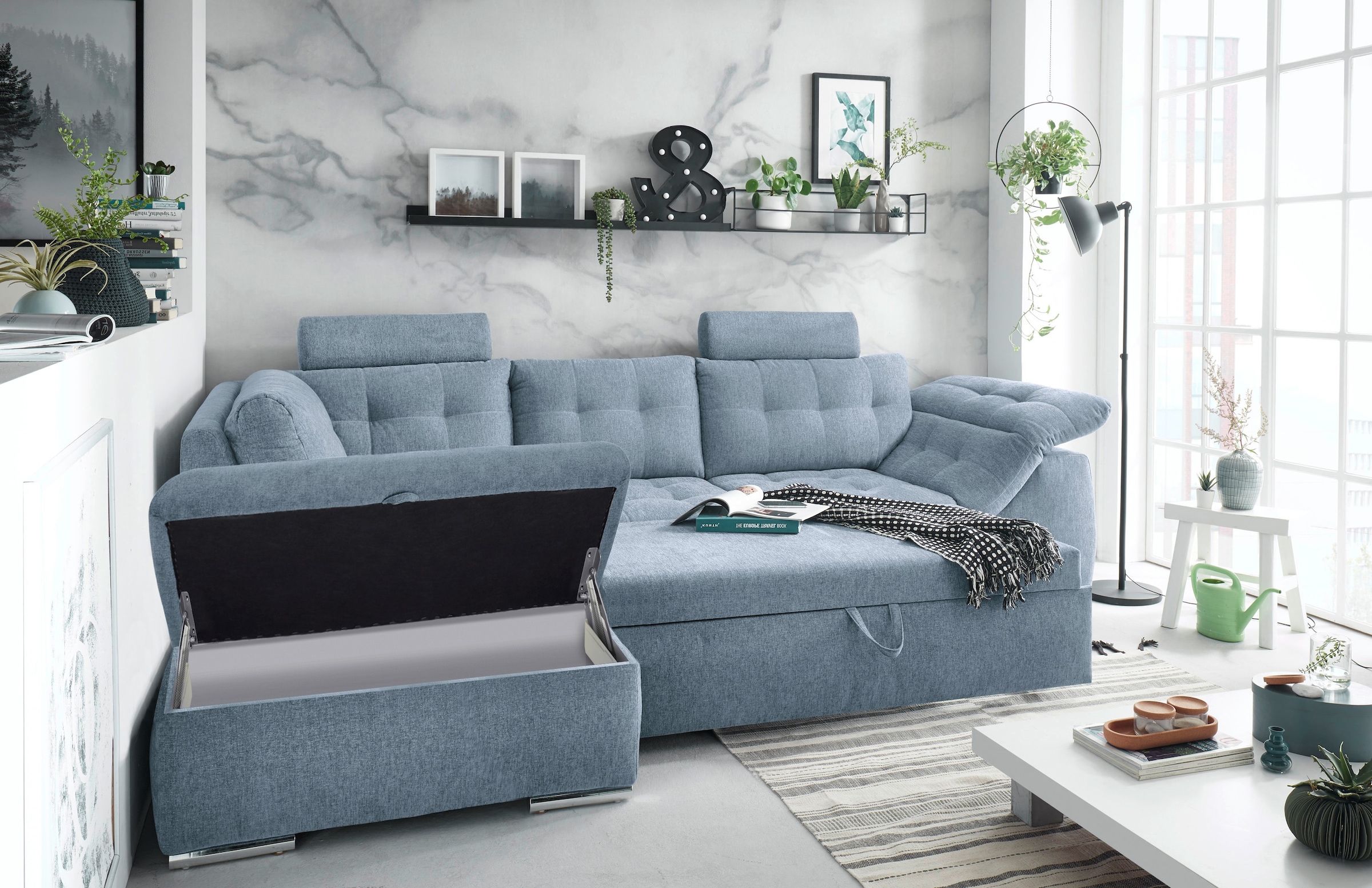 ED EXCITING DESIGN Ecksofa Oman, mit Bettfunktion, Bettkasten, Armteilverstellung und  Kopfstützen