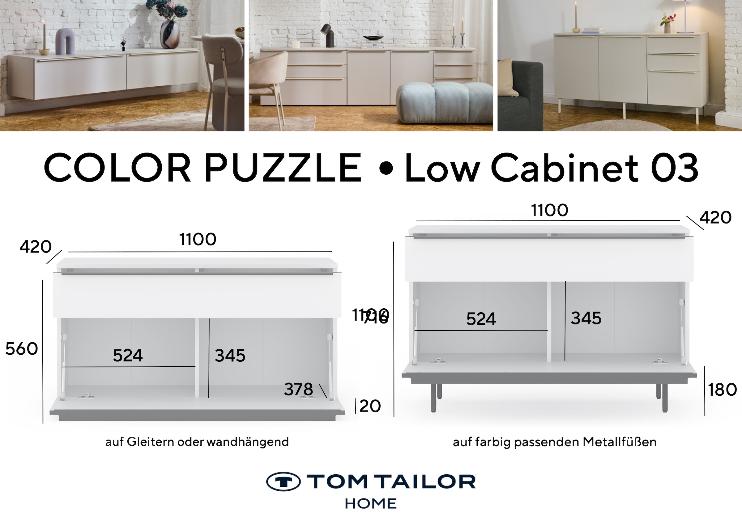 TOM TAILOR HOME Lowboard »COLOR PUZZLE 3 – 1 Klappe 1 Schublade mit farbigem Griff und Füßen« Kommode, Breite 110 cm,mit Klappe und Schublade, viel Stauraum