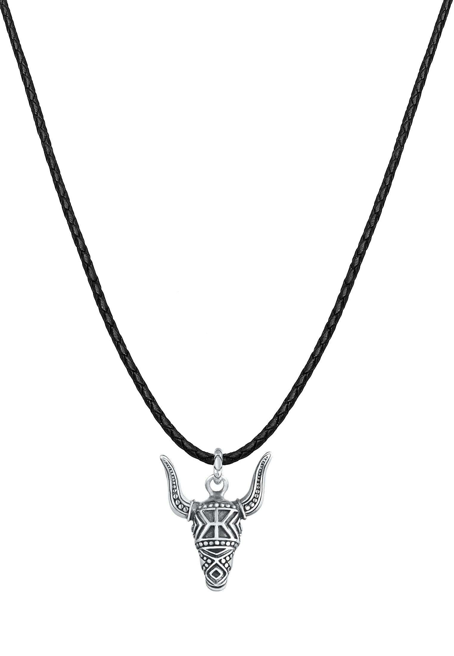 Kuzzoi Kette mit Anhänger »Halskette Herren Leder Stierkopf Bulle 925 Silber«