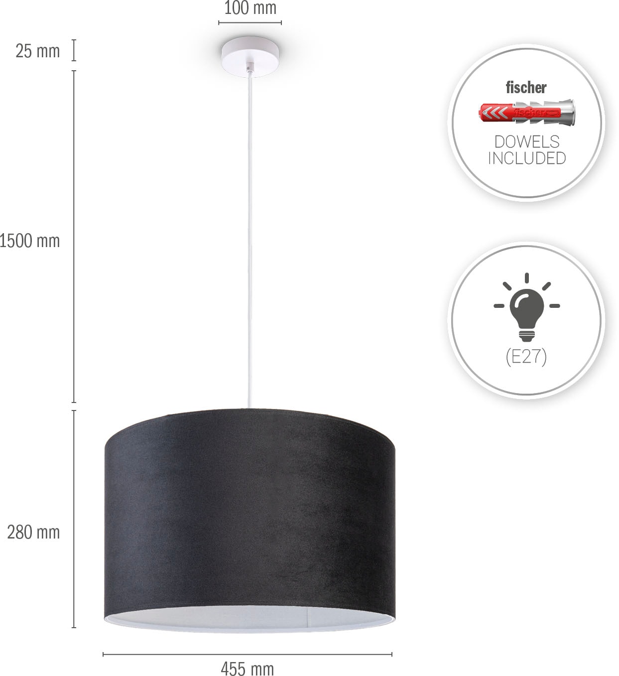 Paco Home Pendelleuchte »Hugo uni Color«, Leuchtmittel E27 | ohne Leuchtmittel, Wohnzimmer Lampenschirm aus Velour Unifarben Deko E27 Kabel 1,5m