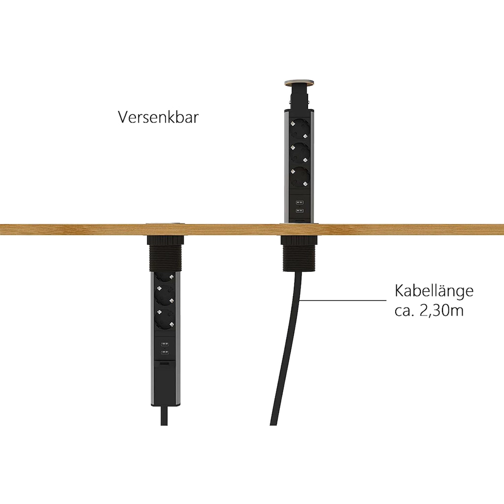 Schütte Einbau-Tischsteckdosenleiste »E1«, 3-fach, (Schutzkontaktstecker Kabellänge 2,3 m), versenkbar, 3-fach und 2 x USB