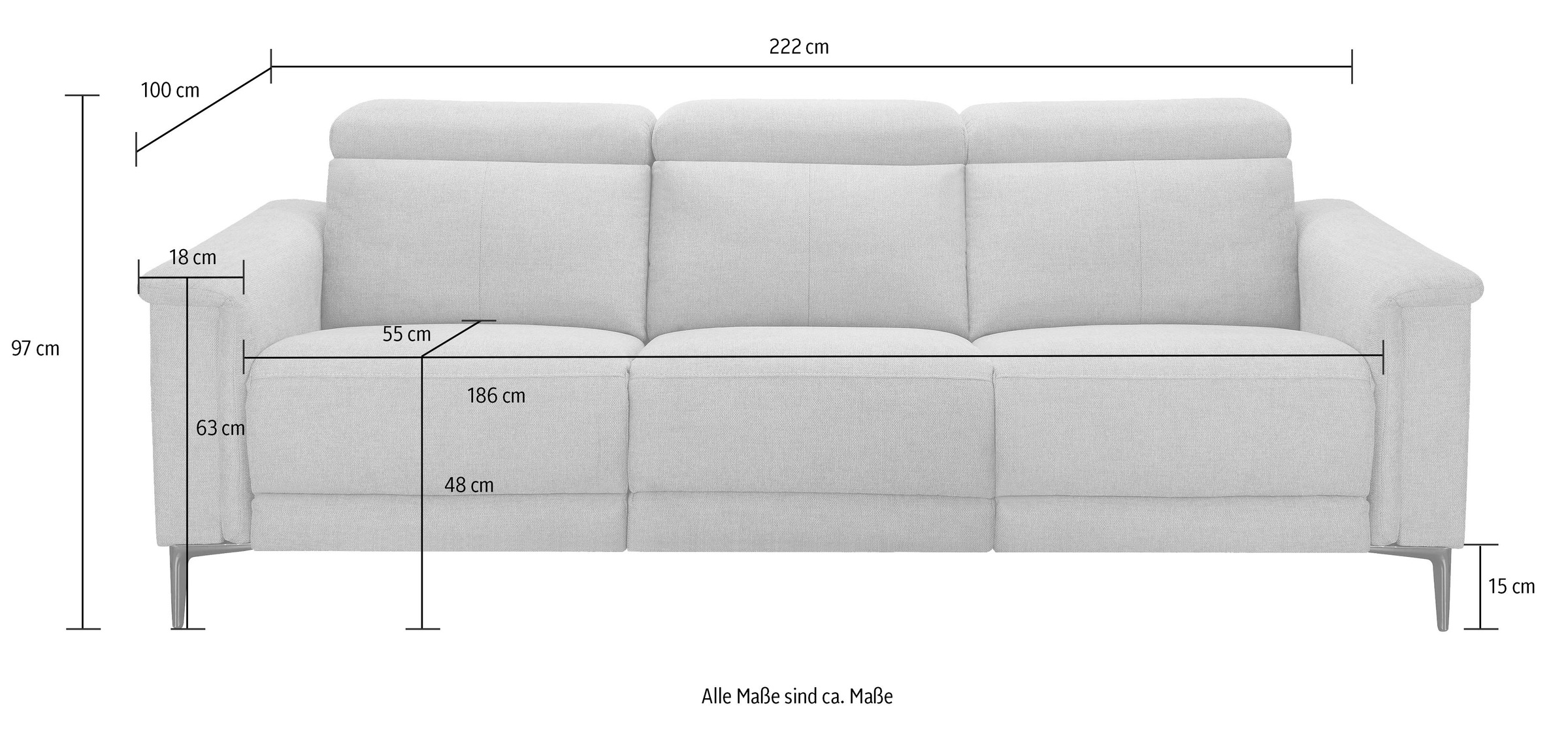 OTTO home 3-Sitzer »LUND,Naturleder, 222 cm, man. o. elektr. Relaxfunktion in 2 Sitzen« (links/rechts), USB-A bei elektrischer Ausführung, Kopfteilverstellung