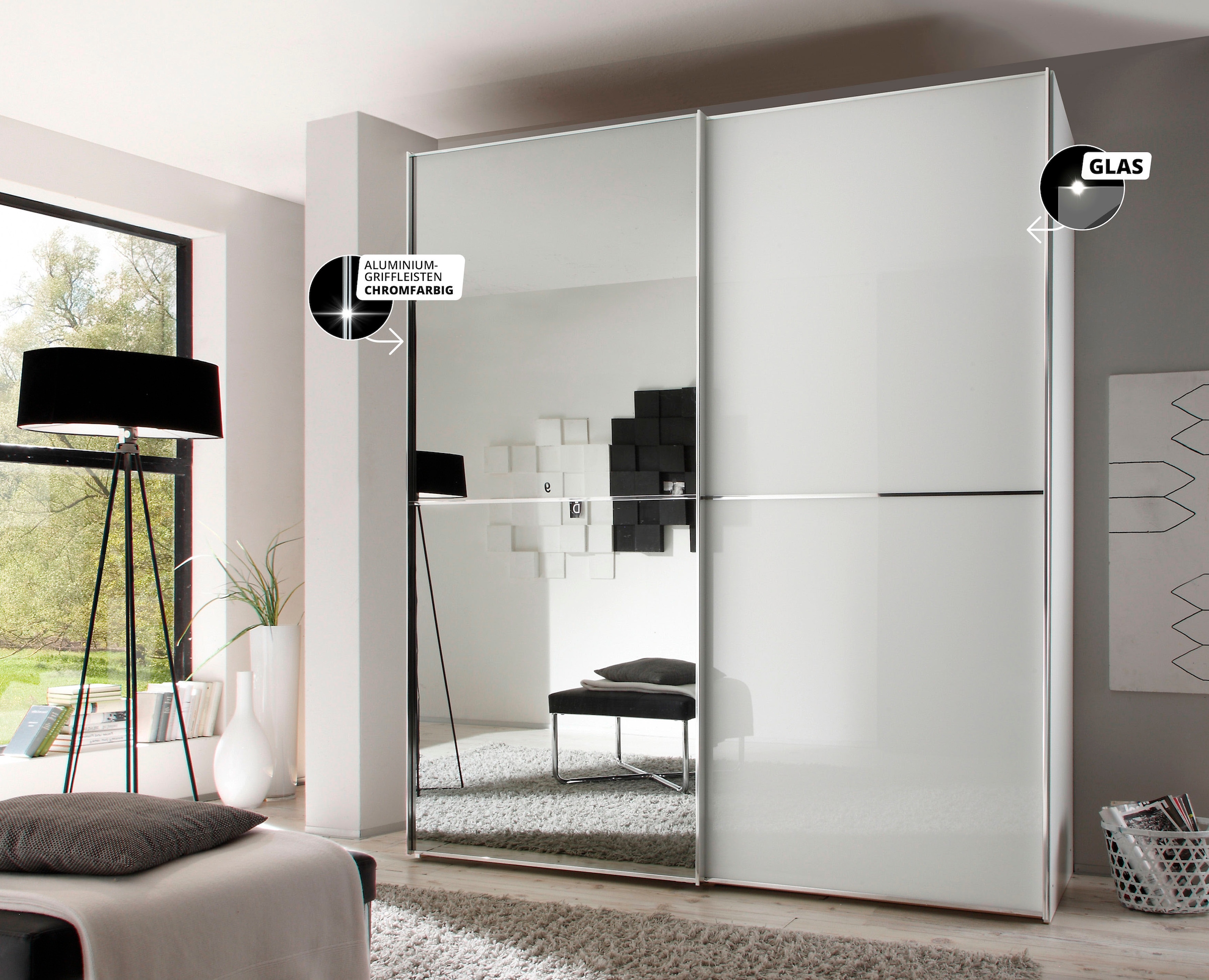 STAUD Schwebetürenschrank »Sinfonie Plus, edles Design in hochwertiger Qualität, Made in Germany« Glas und Spiegel-Frontkombination mit vier Ausstattungsvarianten